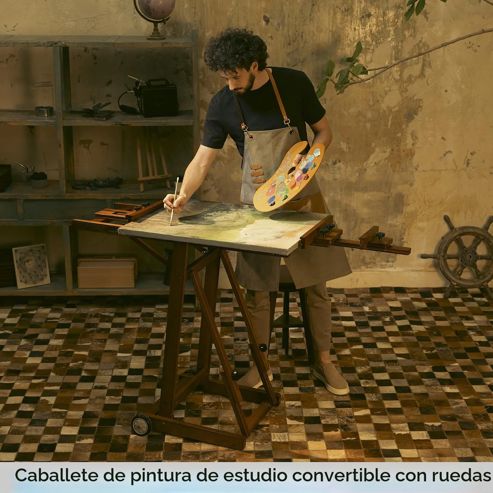 MEEDEN Caballete de Estudio con Marco en H - Caballete de Arte de Madera de Haya Ajustable, Soporte para Caballete de Piso de Pintura, móvil e inclinable Disponible, soporta Lienzo de hasta 77”