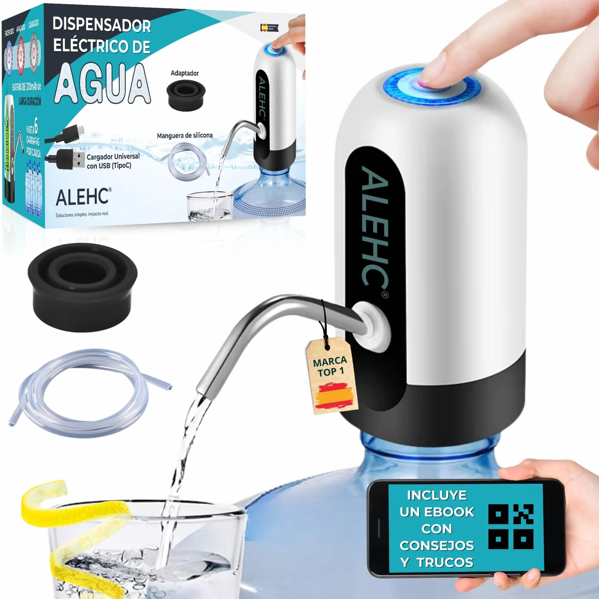 ALEHC® Dispensador de Agua Eléctrico para Garrafas - 8-20L – Bomba de Agua Recargable USB-C con Manguera de Silicona Alimentaria y Adaptador – Portátil para Casa, Oficina, Camping – Sin BPA