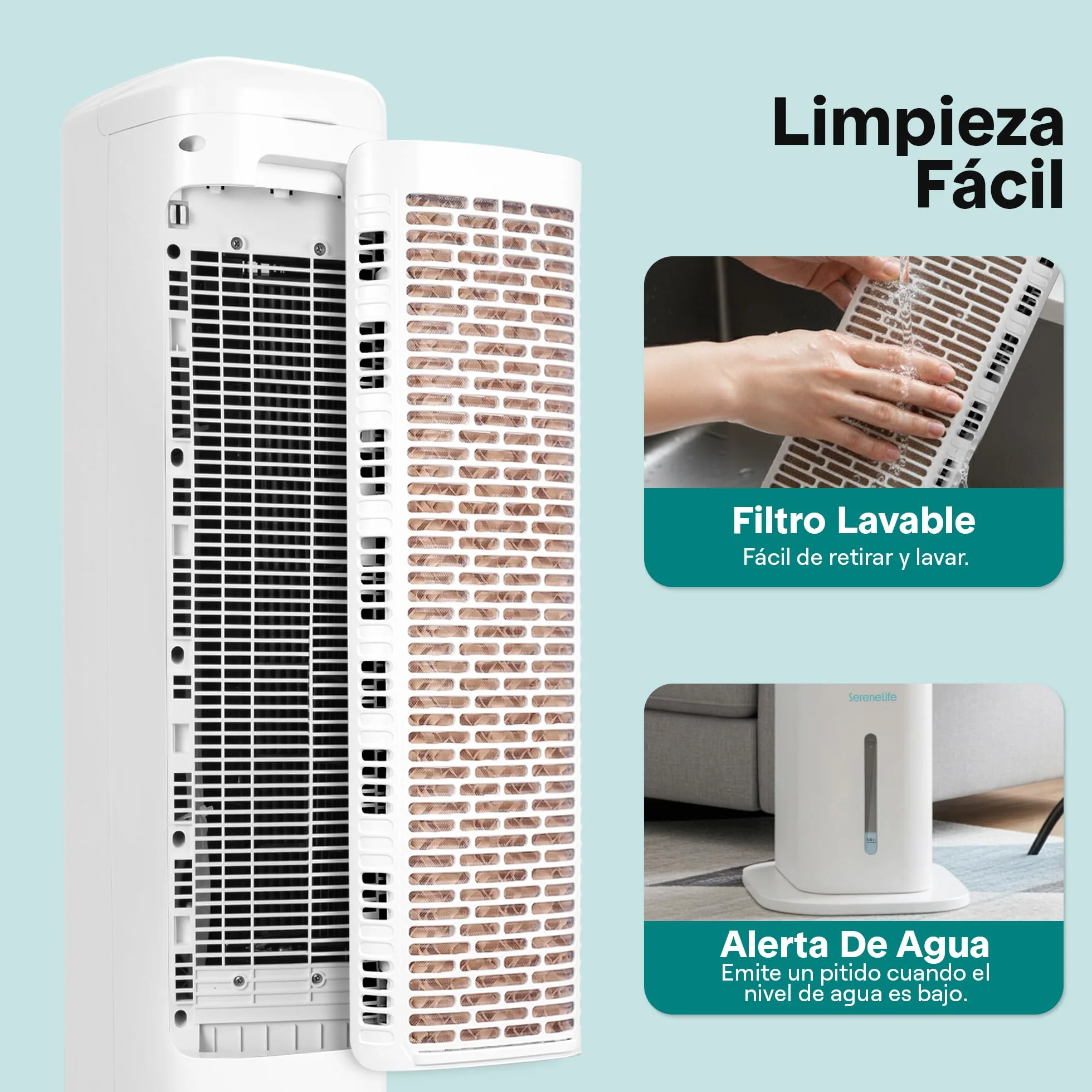 SereneLife Enfriador de Aire Evaporativo, de Torre con Mando a Distancia, Tanque de 5L, 4 Cajas de Hielo, 3 Velocidades, Enfriador de Pie Silencioso con Oscilacion, Portatil, Eficiente en Energia