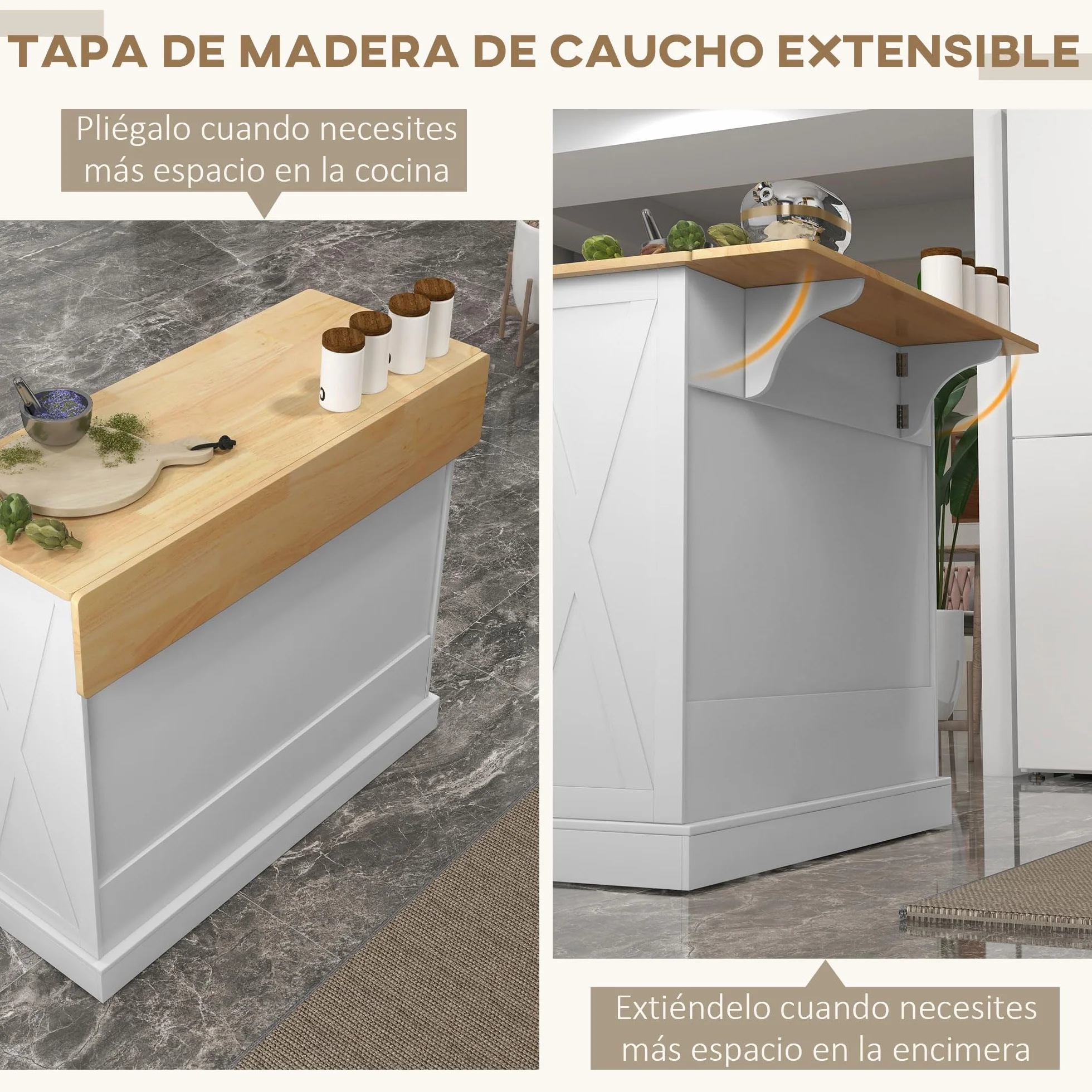 HOMCOM Isla de Cocina Carro de Cocina con Encimera de Madera Plegable 2 Puertas 2 Cajones Estante Ajustable y 4 Ruedas 105x60x90,5 cm Blanco