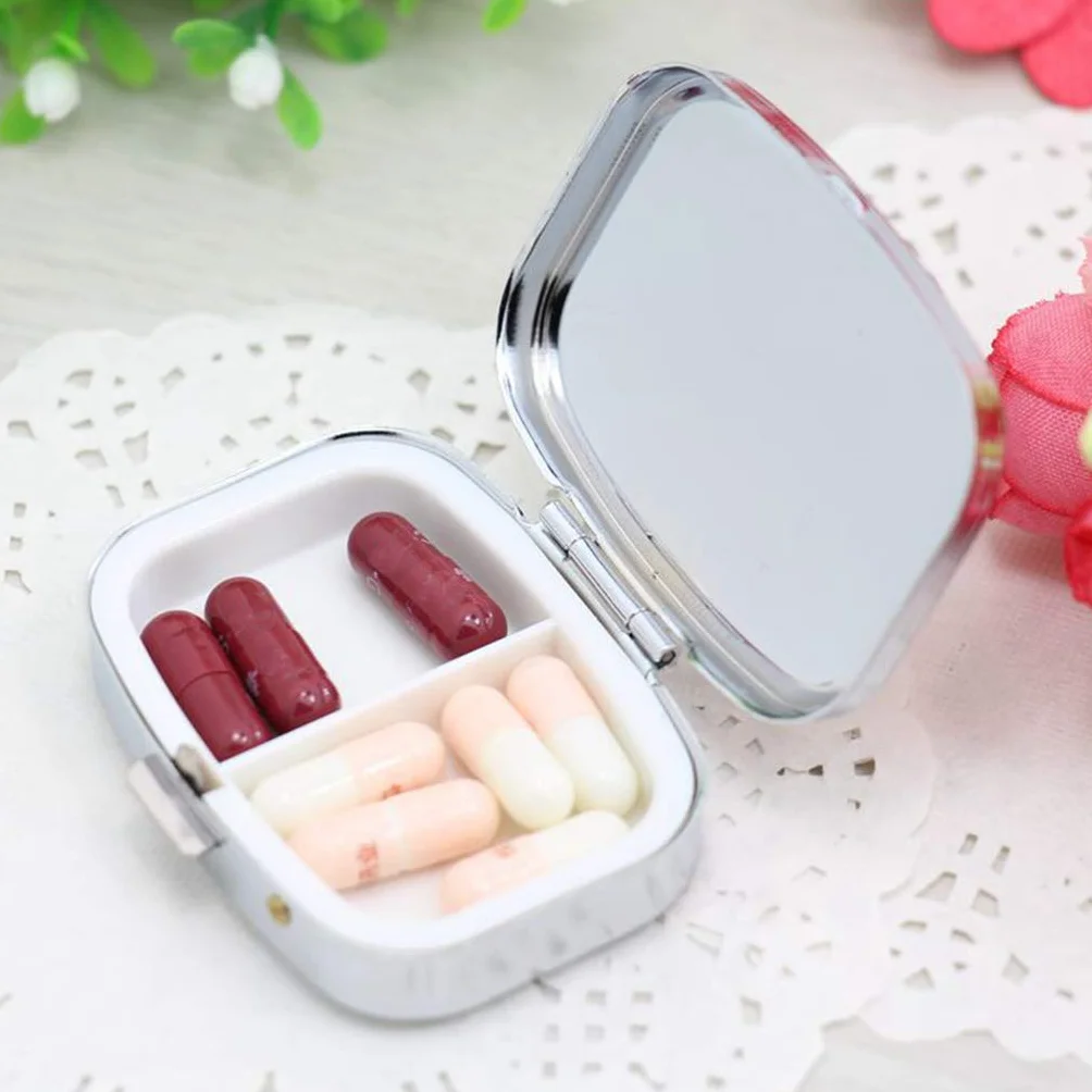 Pastillero metálico pequeño con espejo portátil 2 compartimentos para viajes