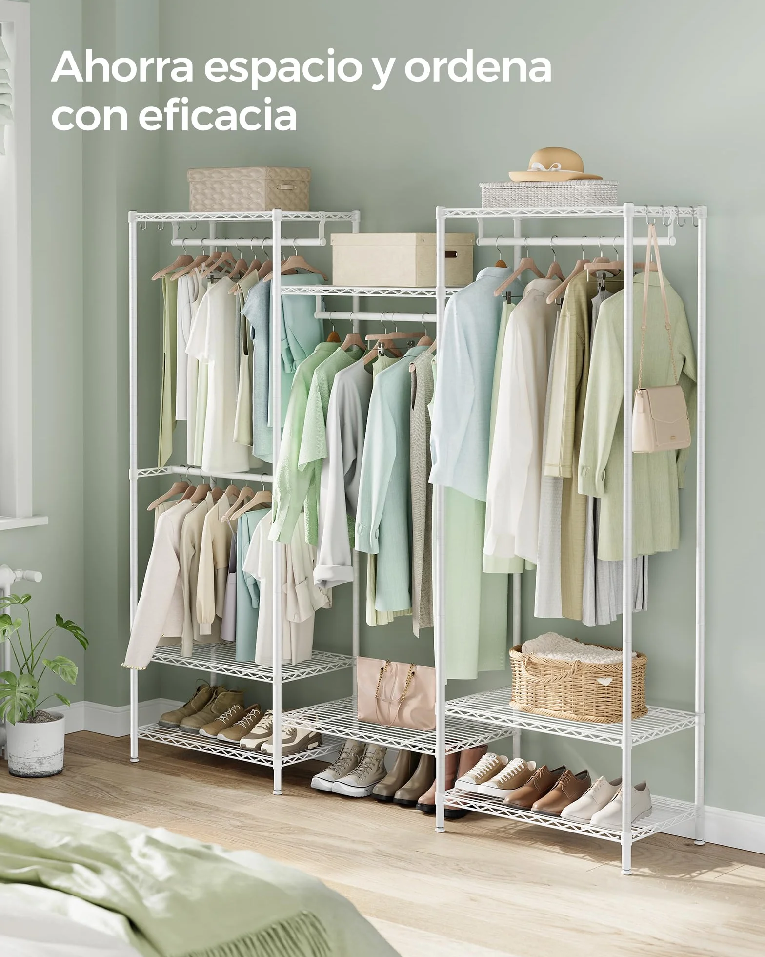 SONGMICS Armario de Ropa, Armario de Metal con Estantes Ajustables, Barras para Colgar y Ganchos, Duradero, Perchero Separable, Blanco Nube LGR431W01