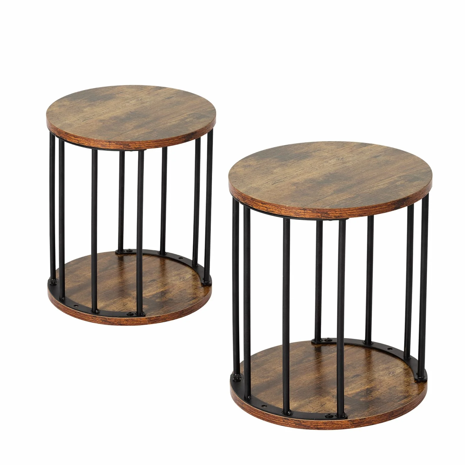 HDANI Taburete Redondo de Madera para niños y Adultos, peldaños pequeños, Antideslizante, para Cocina, baño, jardín y Dormitorio, 30 x 30 x 34 cm (MarrÓn RÚstico y Negro, Set de 2)