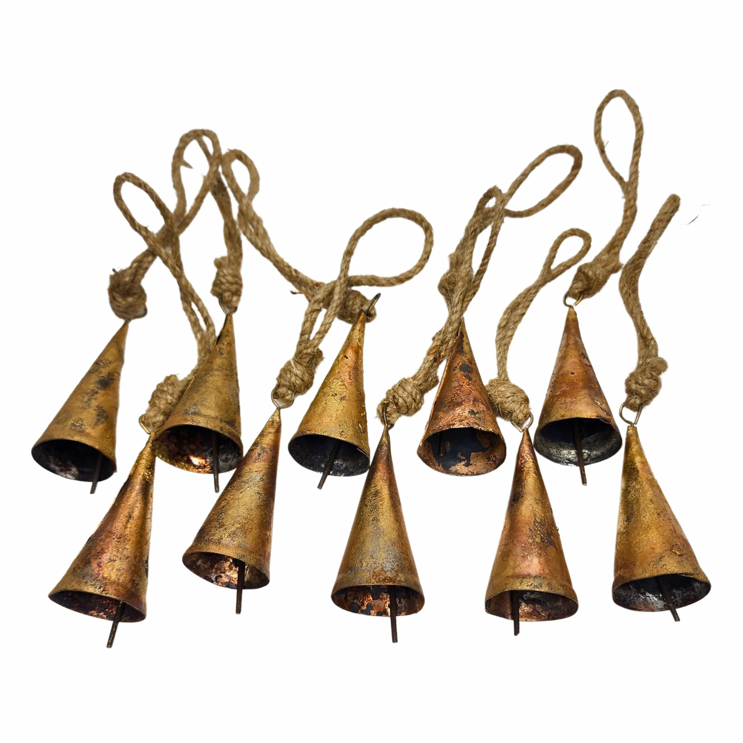 Campanas de vaca de metal de 7 cm, estilo vintage, rústicas, hechas a mano, con cuerda de yute (10 unidades, cono)