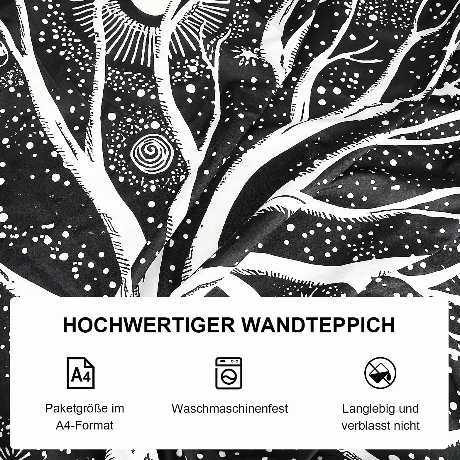 BOZILY Tapiz de pared Árbol de la Vida Blanco y Negro Fases Luna 150x200 cm