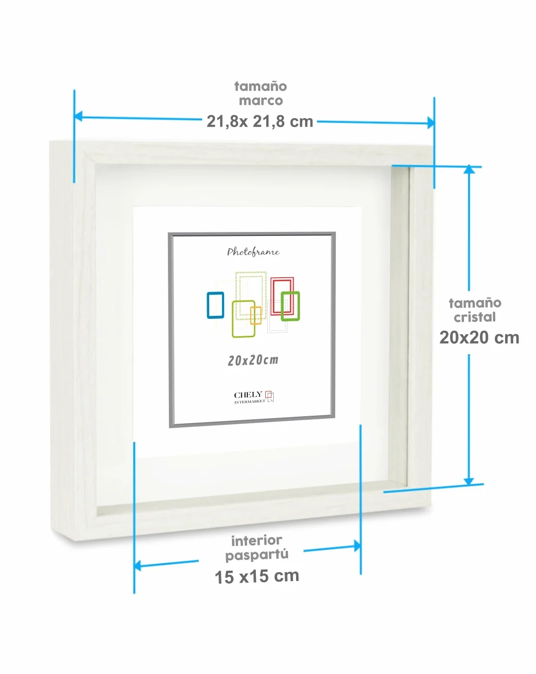 CHELY INTERMARKET MOD3503 Marco Profundidad Madera Haya 30x30cm Interior 20x20cm Vidrio Paspartú Decorativo Cuadro Objetos Recuerdo Decoración Moderna Estilo Elegante 1 Unidad Blanco