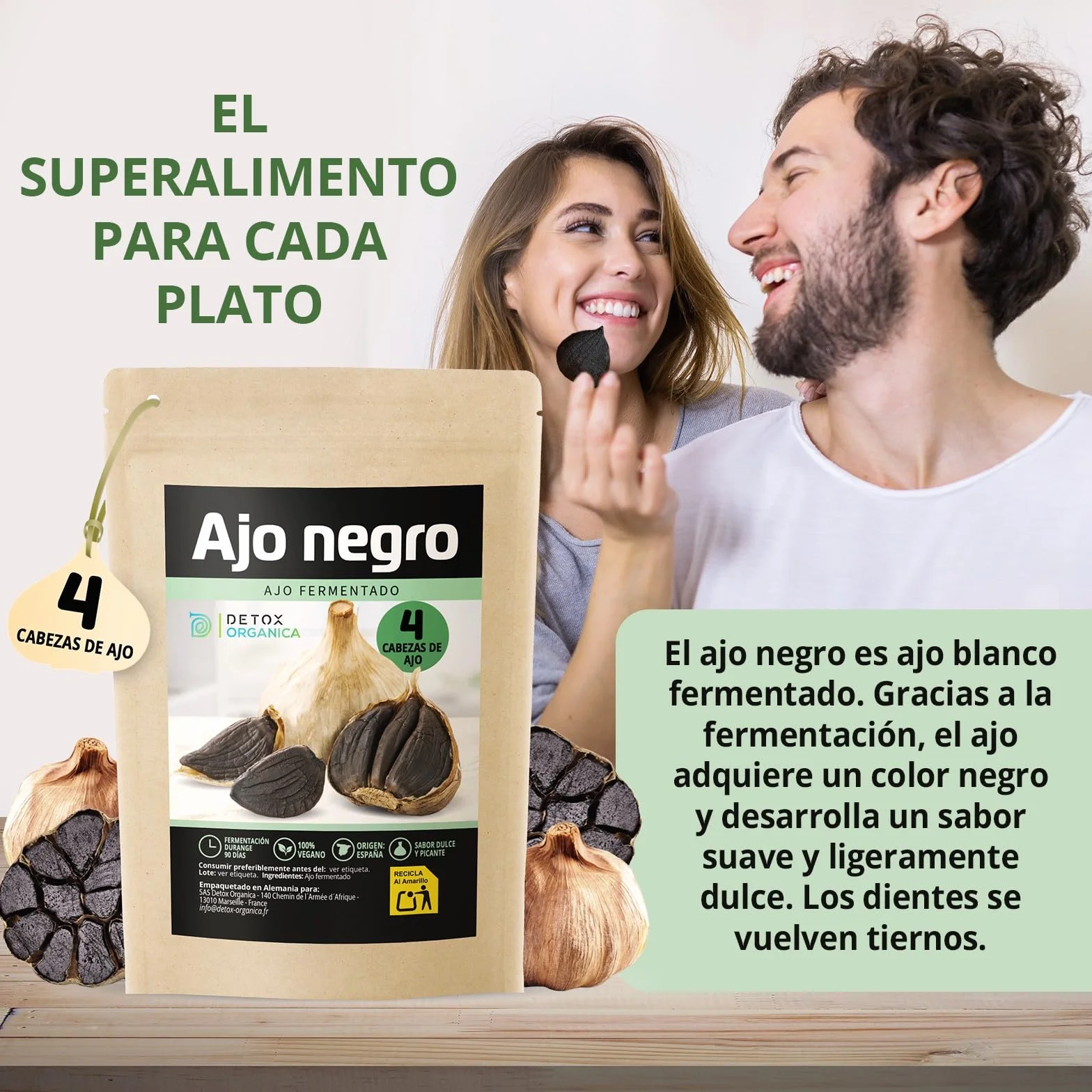 Detox Organica Ajo Negro 4 Cabezas Fermentadas Dientes Enteros Fermentación 90 Días 100% Natural Vegano