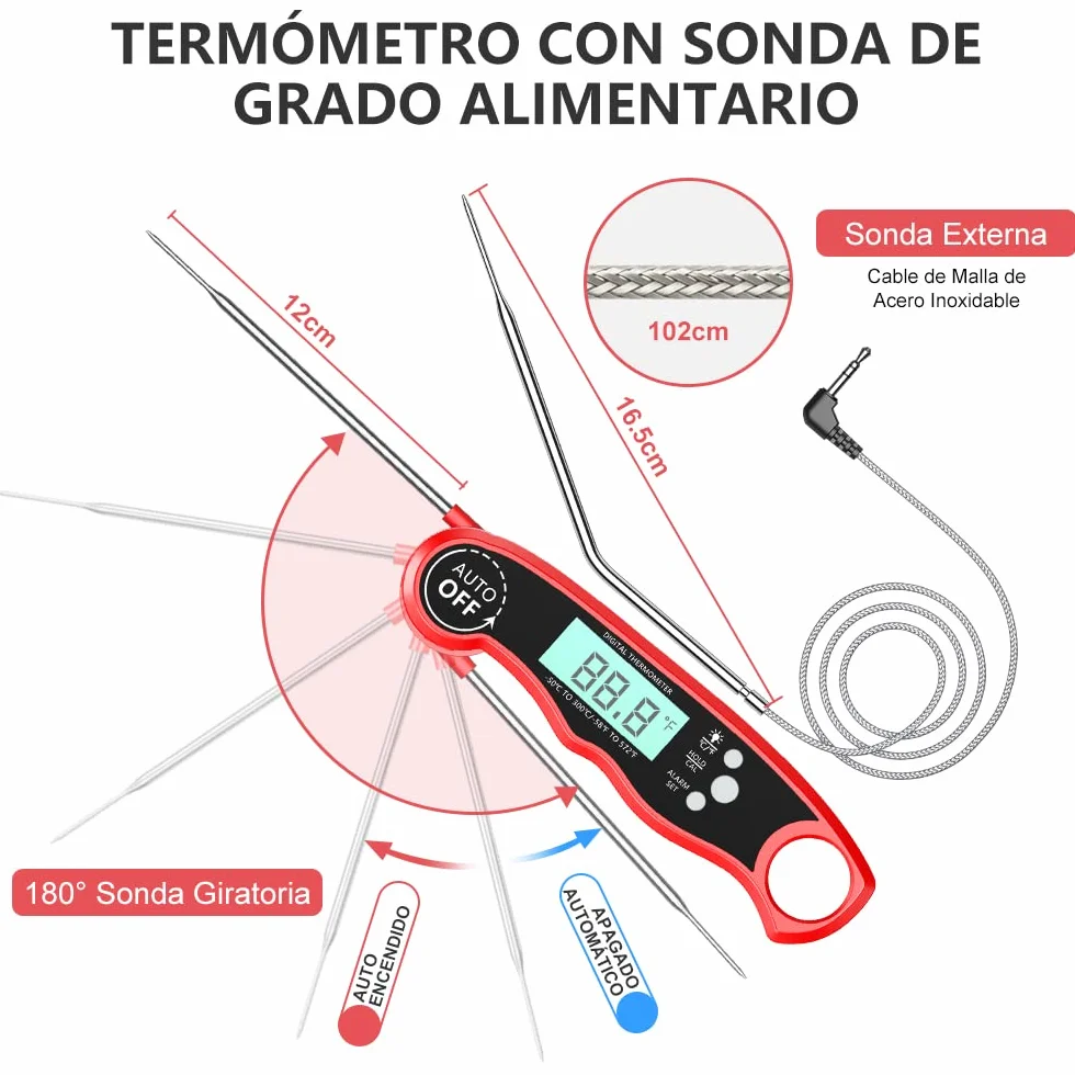 CIRYCASE Termometro Cocina, Termometro Horno Digital de Lectura Rápida & Precisa con 102cm Sonda de Alambre, Calibration & Pantalla LCD, Termometro Barbacoa para Carne, BBQ, Comida, Horno, Liquidos