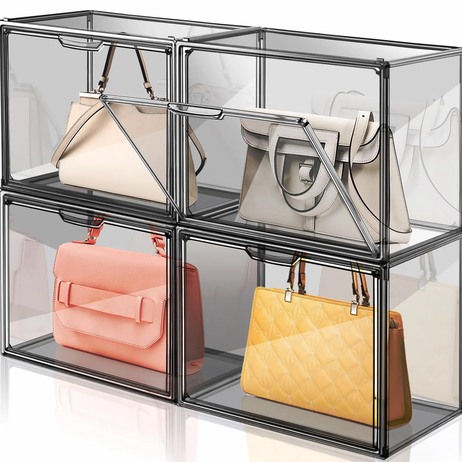 Organizador de almacenamiento de bolso para armario, vitrina de acrílico gris transparente para bolso, organizador de almacenamiento apilable con puerta magnética para cartera, libro,