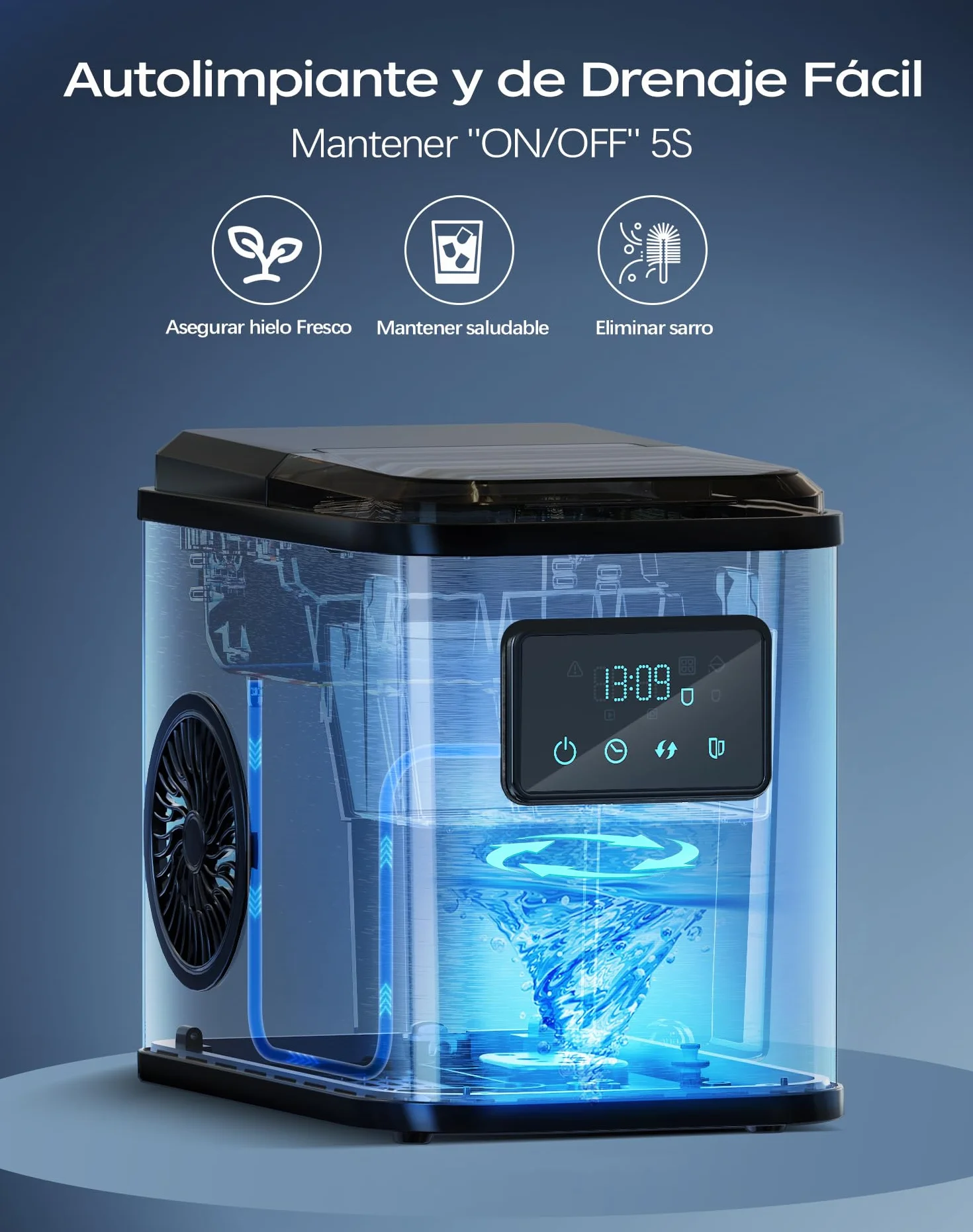 Máquina de Cubitos de Hielo de Acero Inoxidable con Pantalla LED, 2 Litros, 2 Tamaños