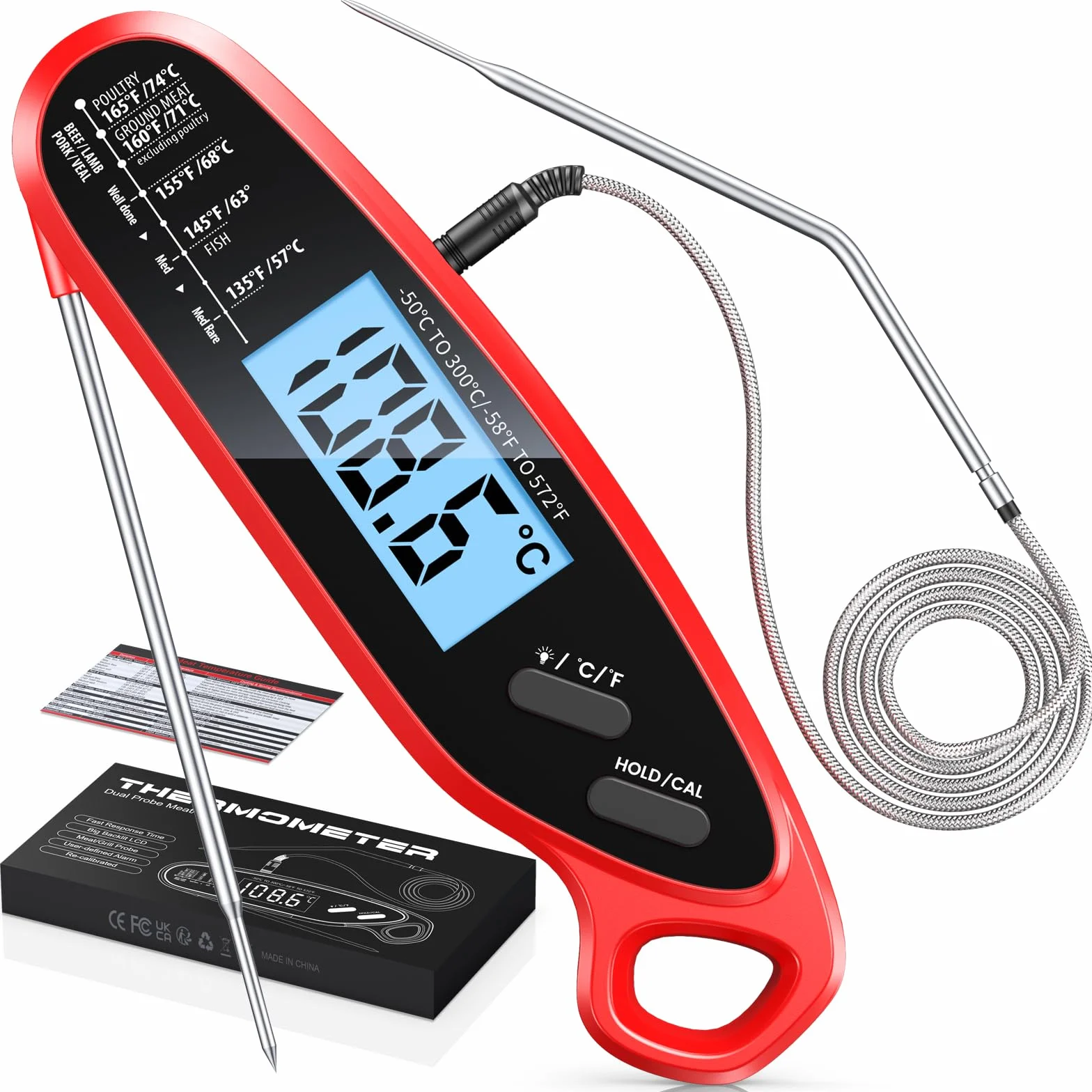 Babacom Termometro Cocina Digital Lectura Instantáneo, Meat Thermometer con 2 Sondas,Calibración y Pantalla Retroiluminada. Termómetro Carne Ideal Para Vino y Cerveza,Horno,Parrilla y Freidora de Aire