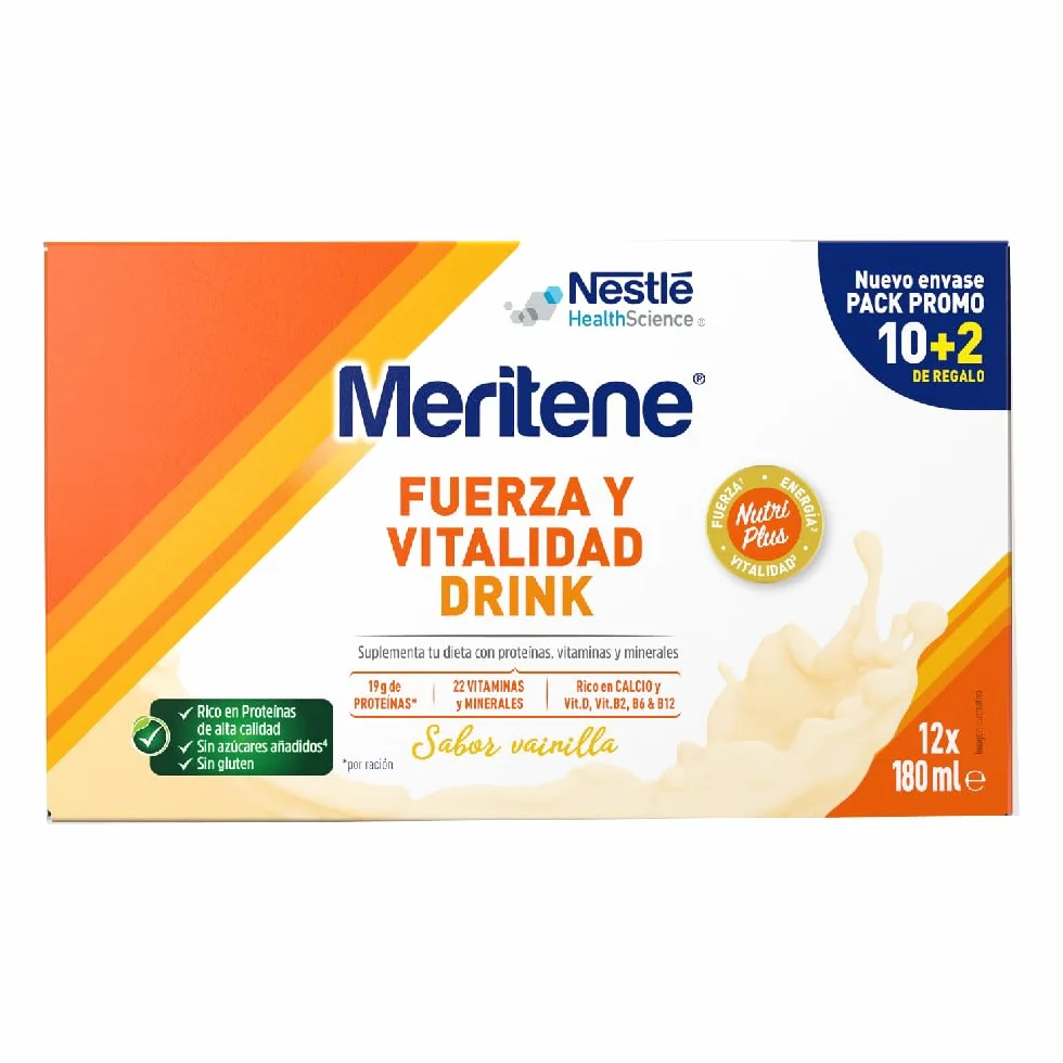 Meritene Fuerza y Vitalidad Drink Vainilla Listo para Tomar Batido con Proteínas Vitaminas y Minerales 12 x 180 ml