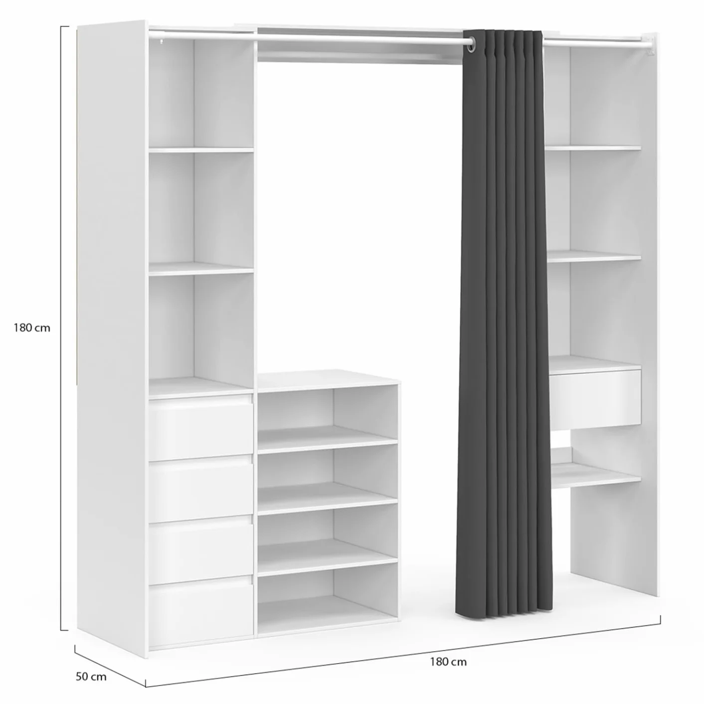 IDMarket - Vestidor extensible doble XXL MERYL 120/180 cm blanco con cajones + estantes + armario + cortina gris