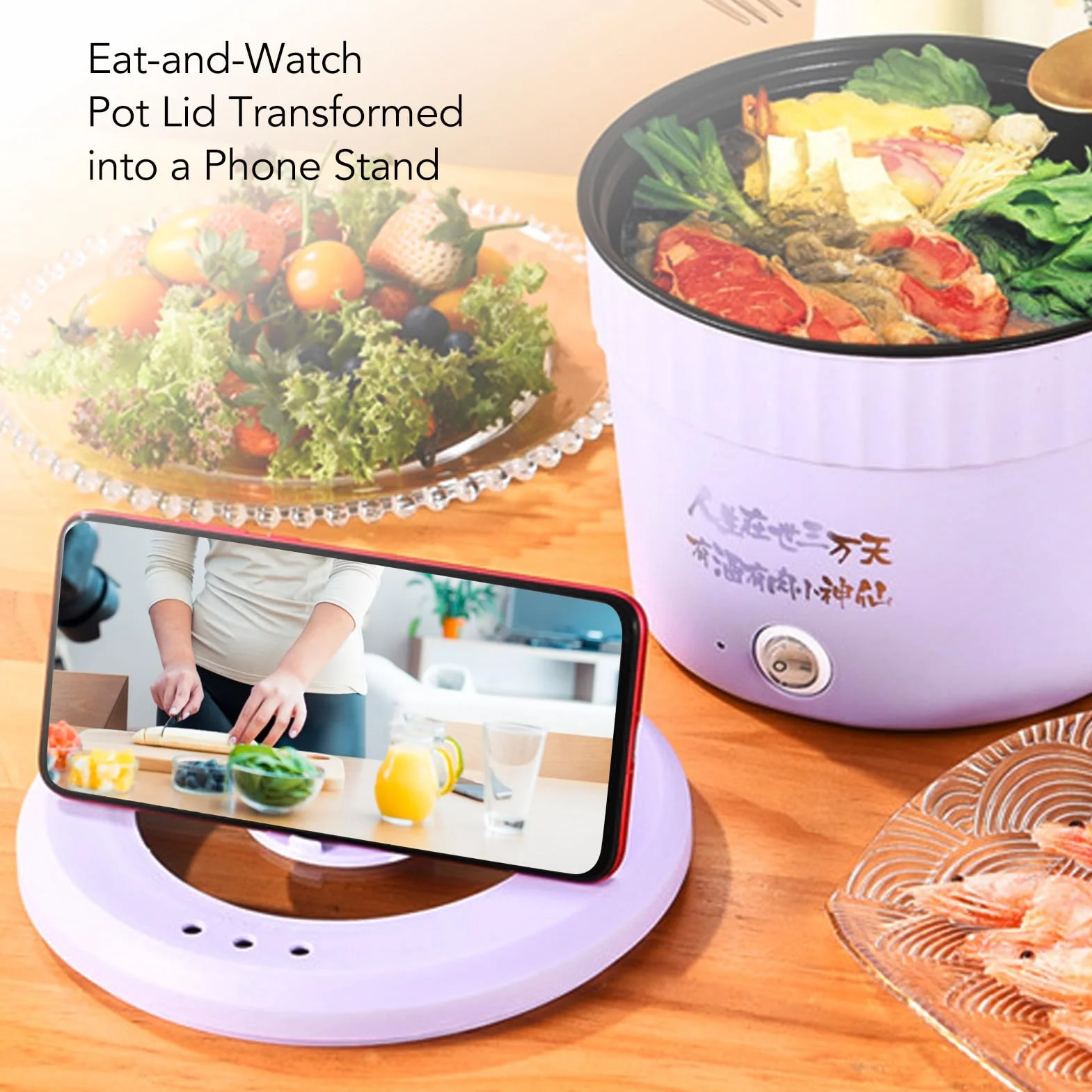 Mini Olla Eléctrica 450W 1,2L Antiadherente Ramen Fideos Púrpura 220V UE