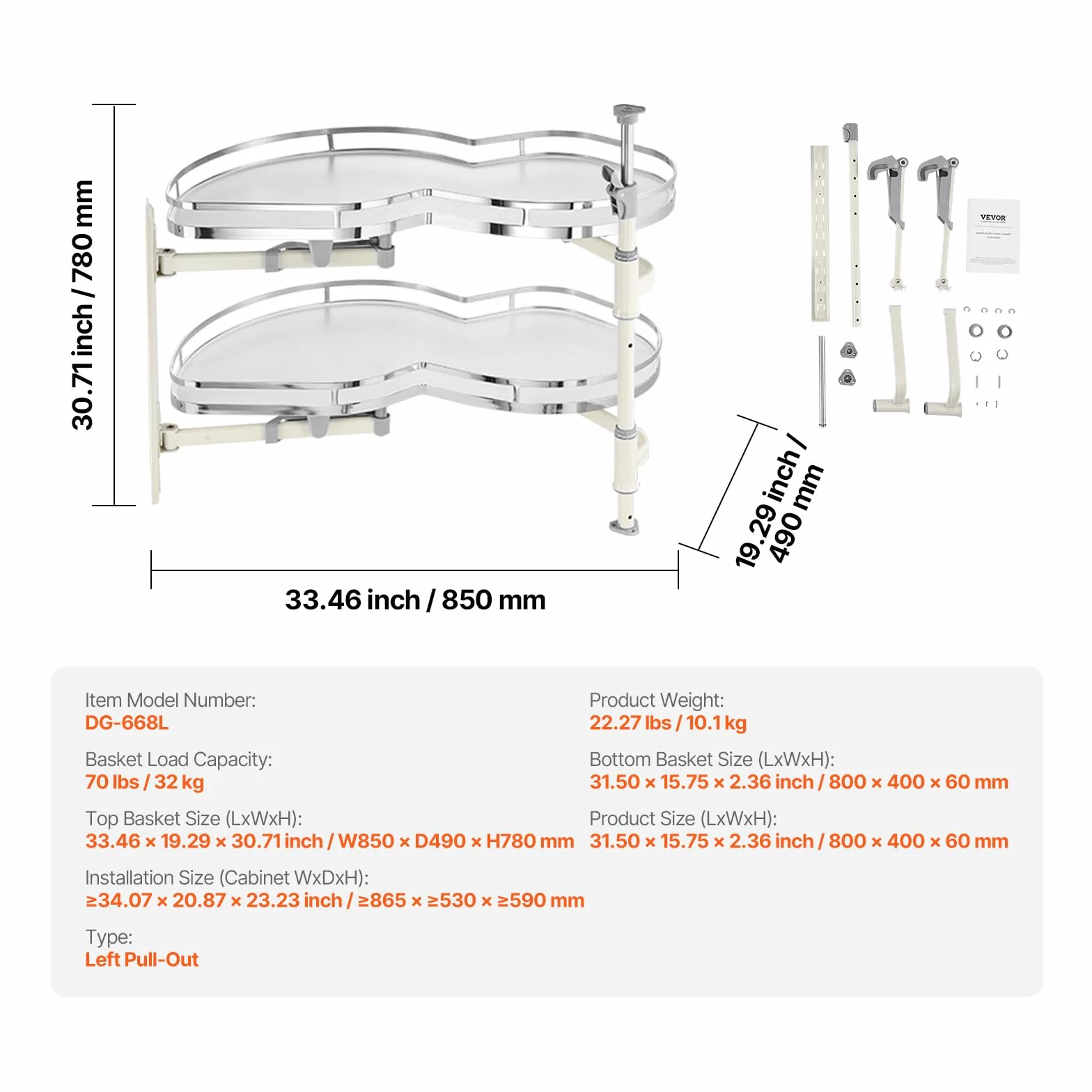 VEVOR Armario de Esquina con Bisagras Abatibles a la Izquierda, Organizador Extraíble para Armarios con Bisagra, Bandeja Abatible de 2 Niveles con Altura Ajustable, a la Izquierda, 850 x 490 x 780 mm