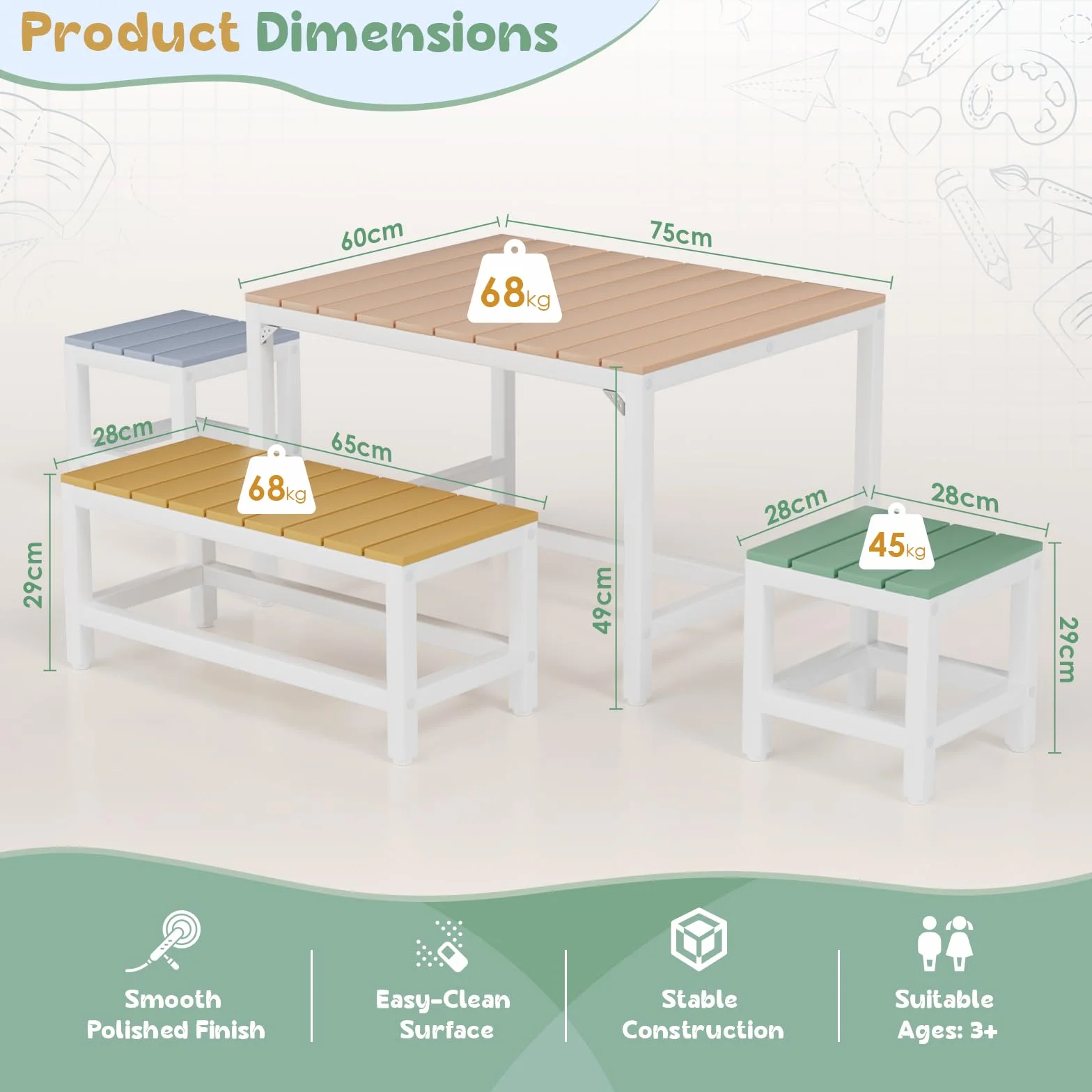 MAMIZO Mesa y Sillas de Terraza Infantiles de Madera con Cubierta Impermeable, 2 PCS Taburetes para Niños 3+