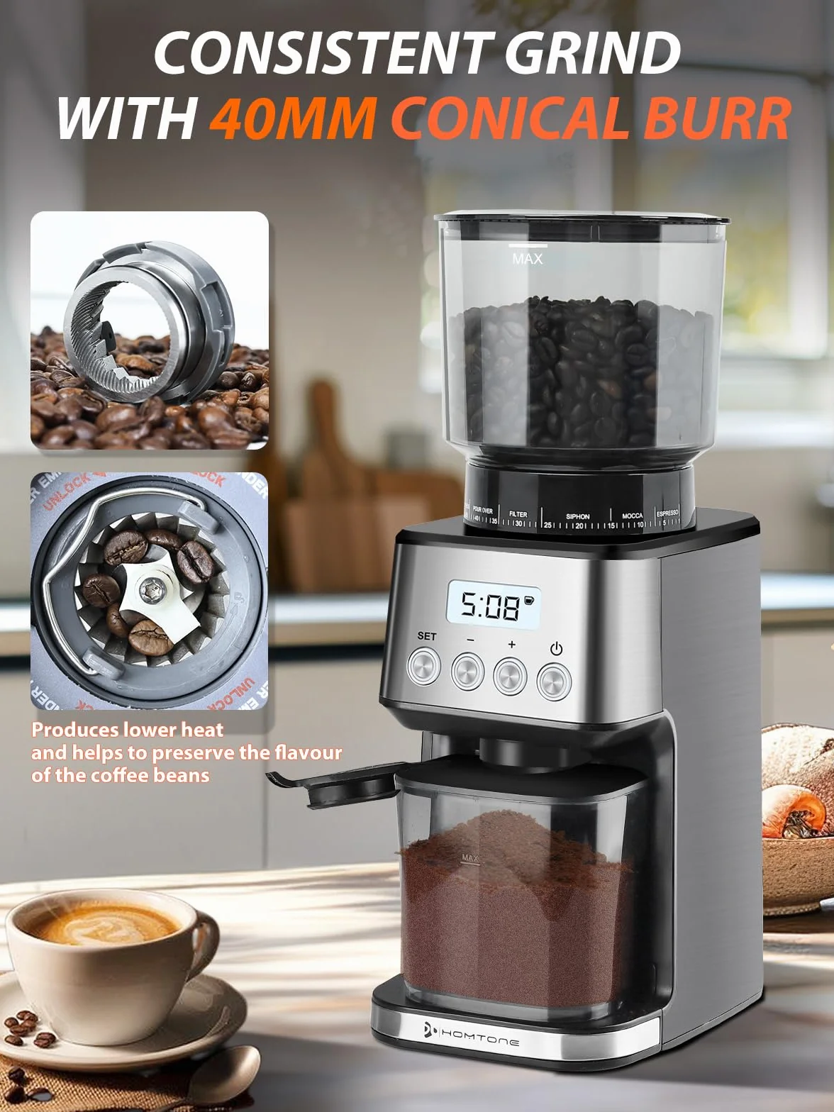Homtone Molino de Café Eléctrico, 51 Niveles de Molienda Ajustables, Molinillo Cónico de Acero Inoxidable, Tecnología Antiestática, para Espresso, Café de Filtro y Prensa Francesa, 160 W (Plata)