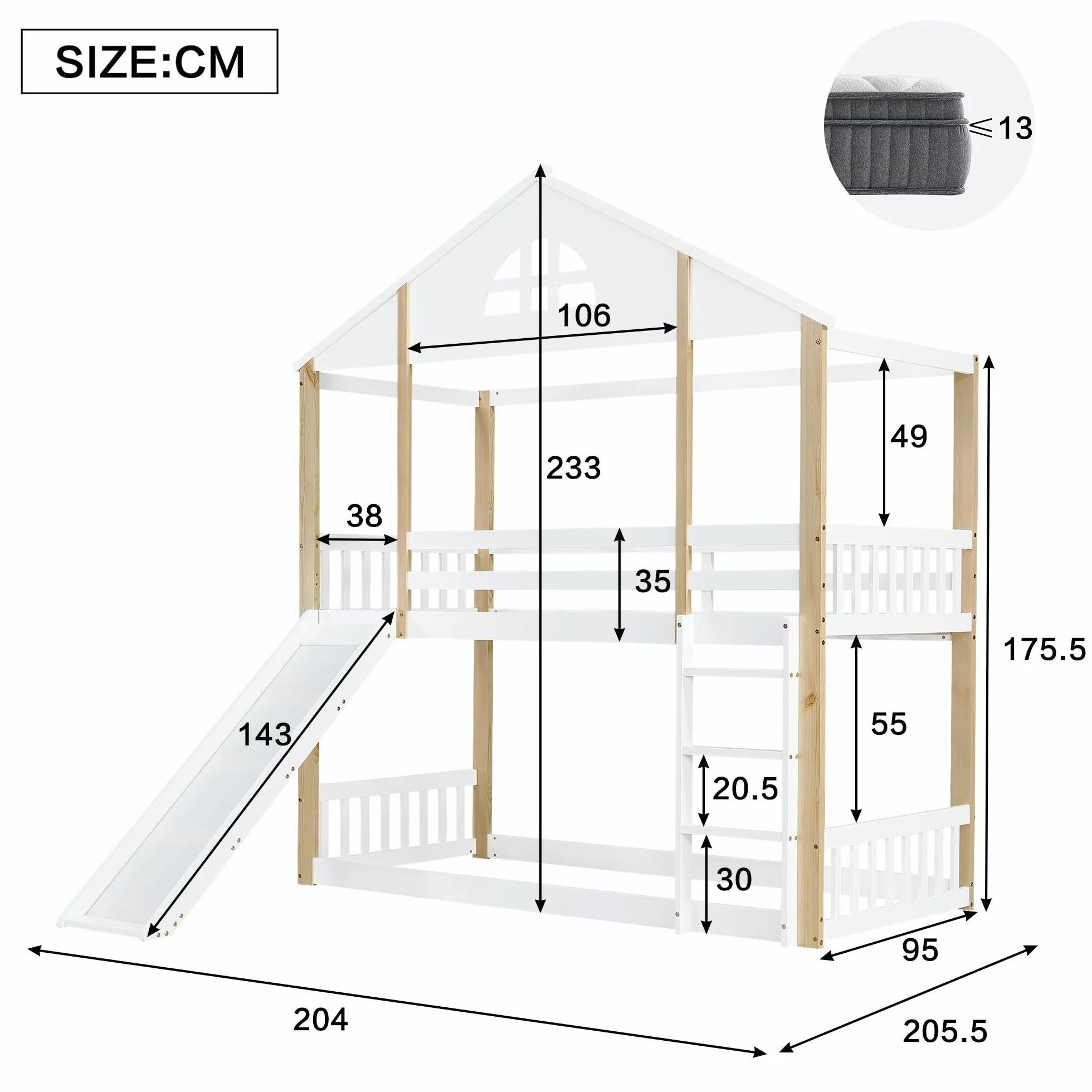 Soweiz Litera Infantil con Tobogán y Escalera, Cama Alta Casa de Madera, 90x200 cm