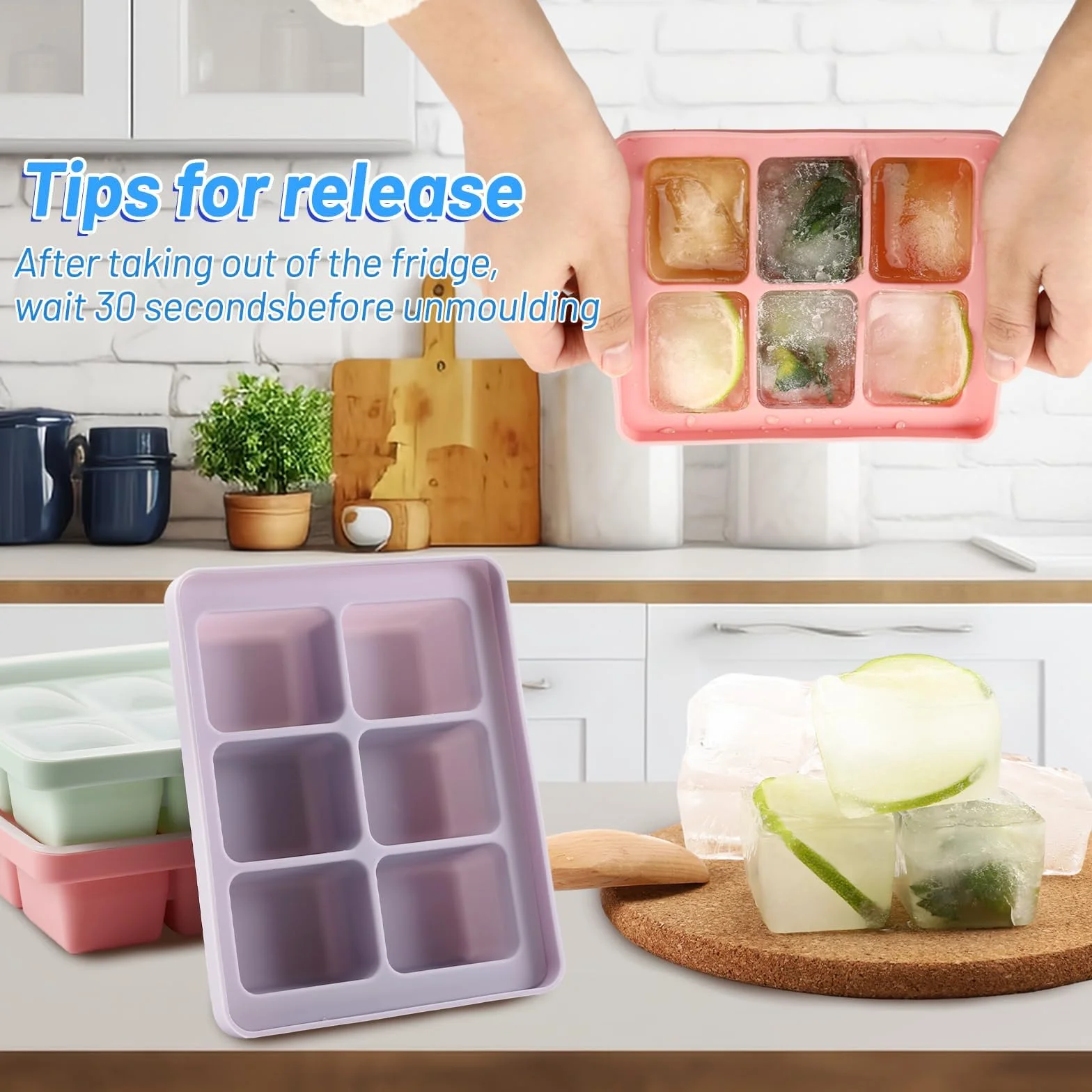 Auauraintt 3 Pack cubiteras de hielo de silicona con tapa apilables aptas para lavavajillas