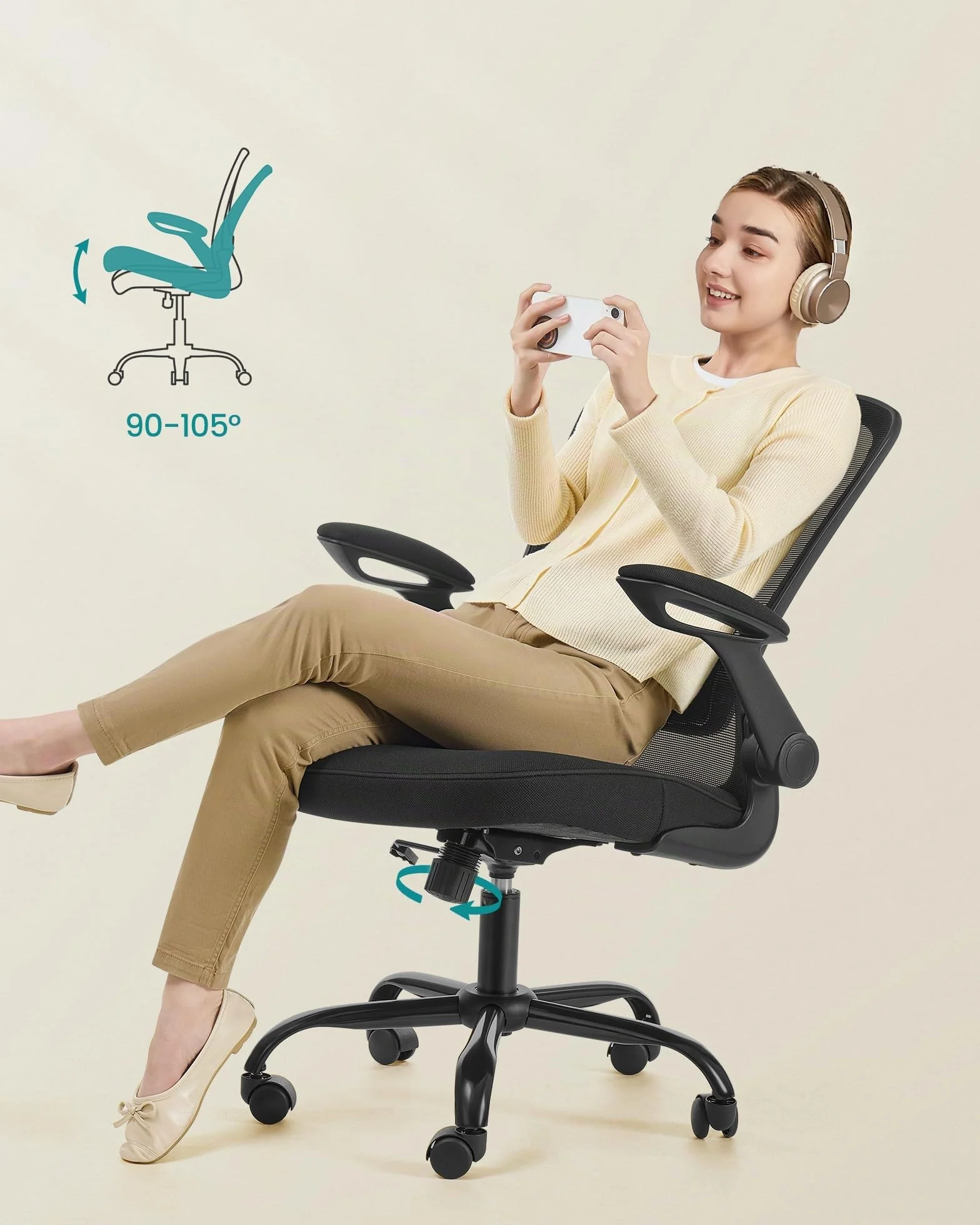 SONGMICS Silla de Oficina Ergonómica de Malla Giratoria con Soporte Lumbar, Asiento 53 cm, Apoyabrazos Abatibles, Negro