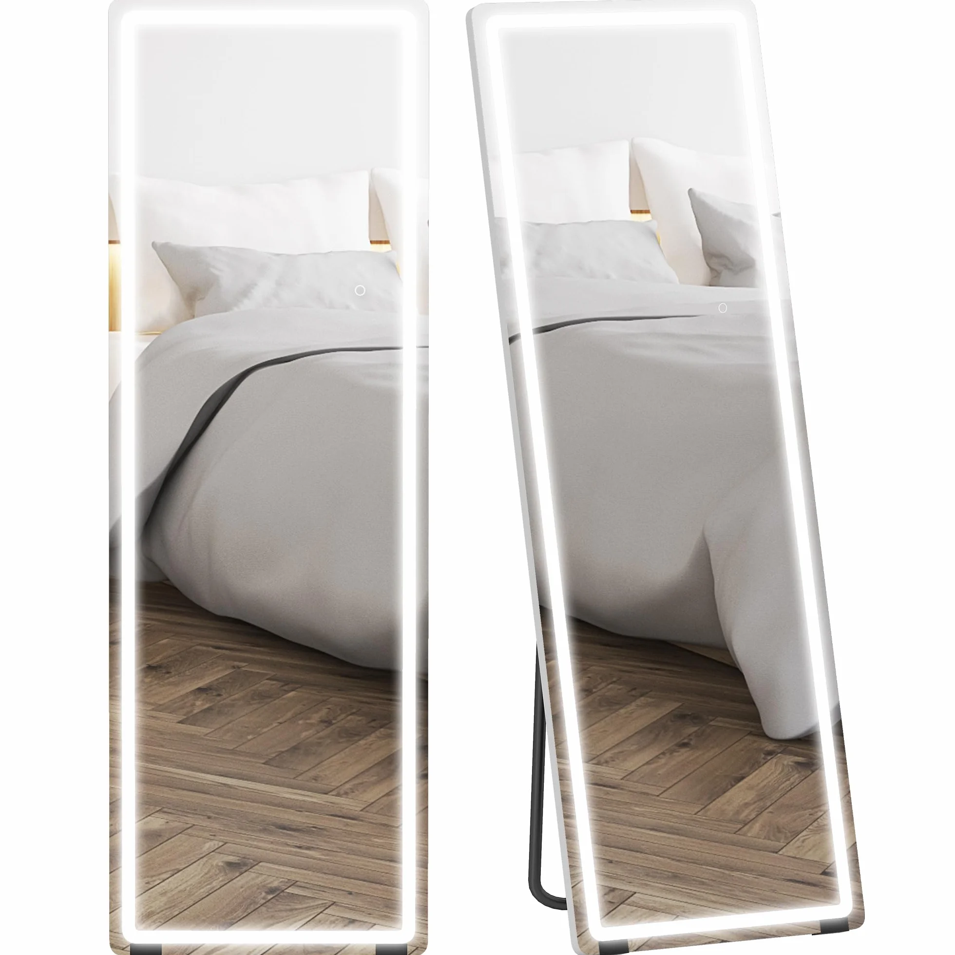 HOMCOM Espejo de Pie Cuerpo Entero con Luces, 150x50 cm, Espejo de Cuerpo Entero sin Marco, 3 Temperaturas de Color, Brillo Ajustable, Independiente, Apoyado y de Pared, para Dormitorio, Transparente