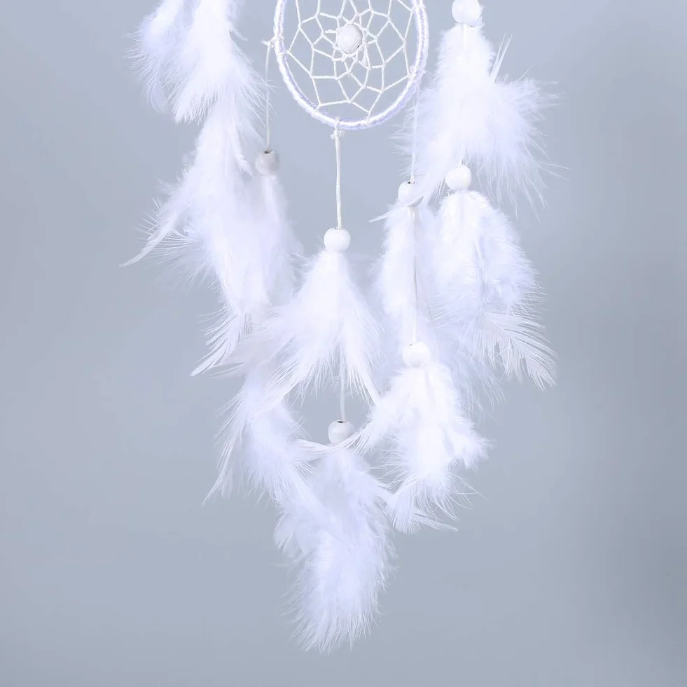 Nikou Atrapasueños Blanco, atrapasueños de Plumas Blancas, Estilo Indio, Cuentas de Madera, campanillas de Viento, Colgante para Colgar en la Ventana de la Pared del hogar Decoración