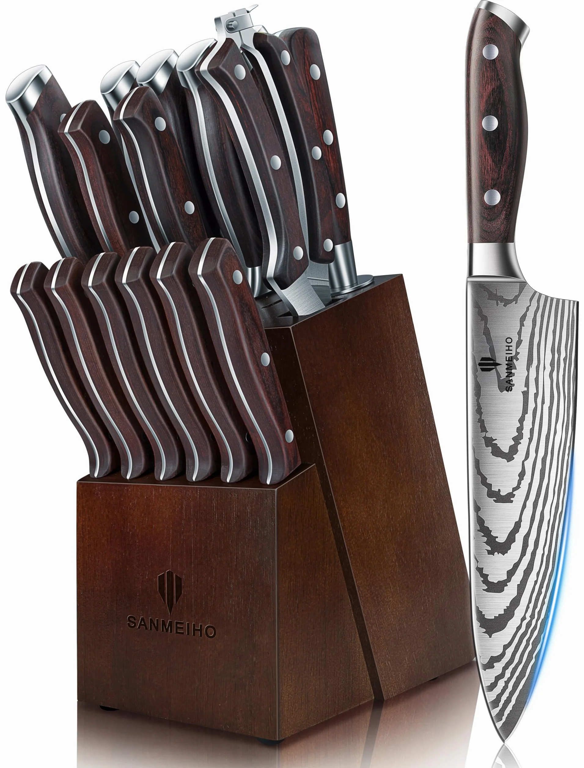 SANMEIHO Juego Cuchillos Cocina 16 Piezas, Set Profesional Acero Inoxidable Alto Carbono con Bloque Madera y Afilador