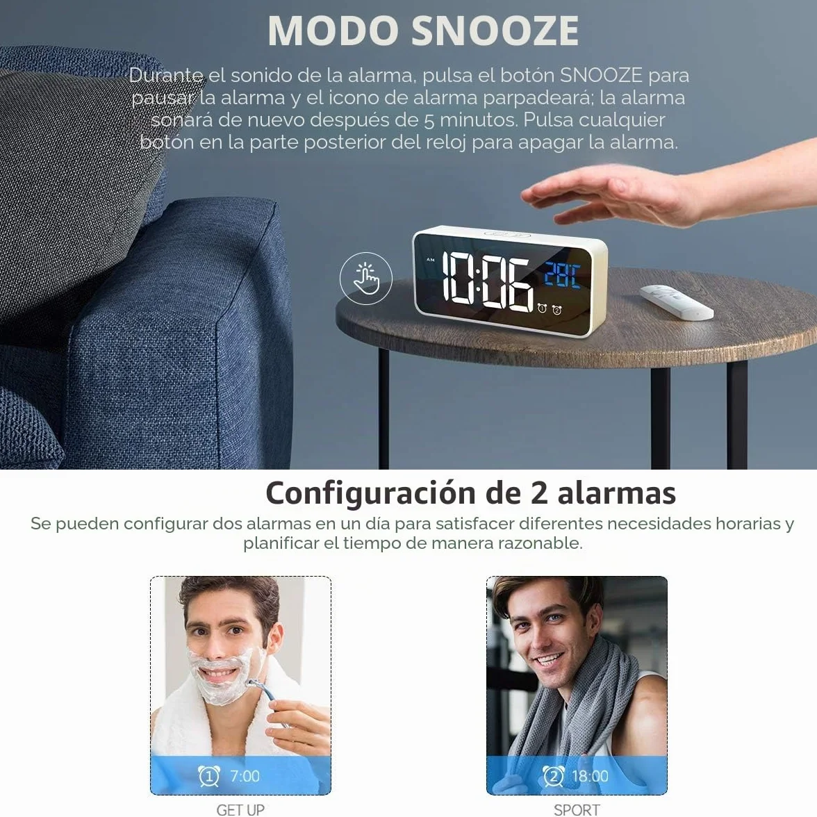 Reloj Despertador Digital LED con Pantalla de Temperatura, Alarma de Espejo Portátil, Doble Alarma, Atenuador Brillo 4 Niveles Blanco