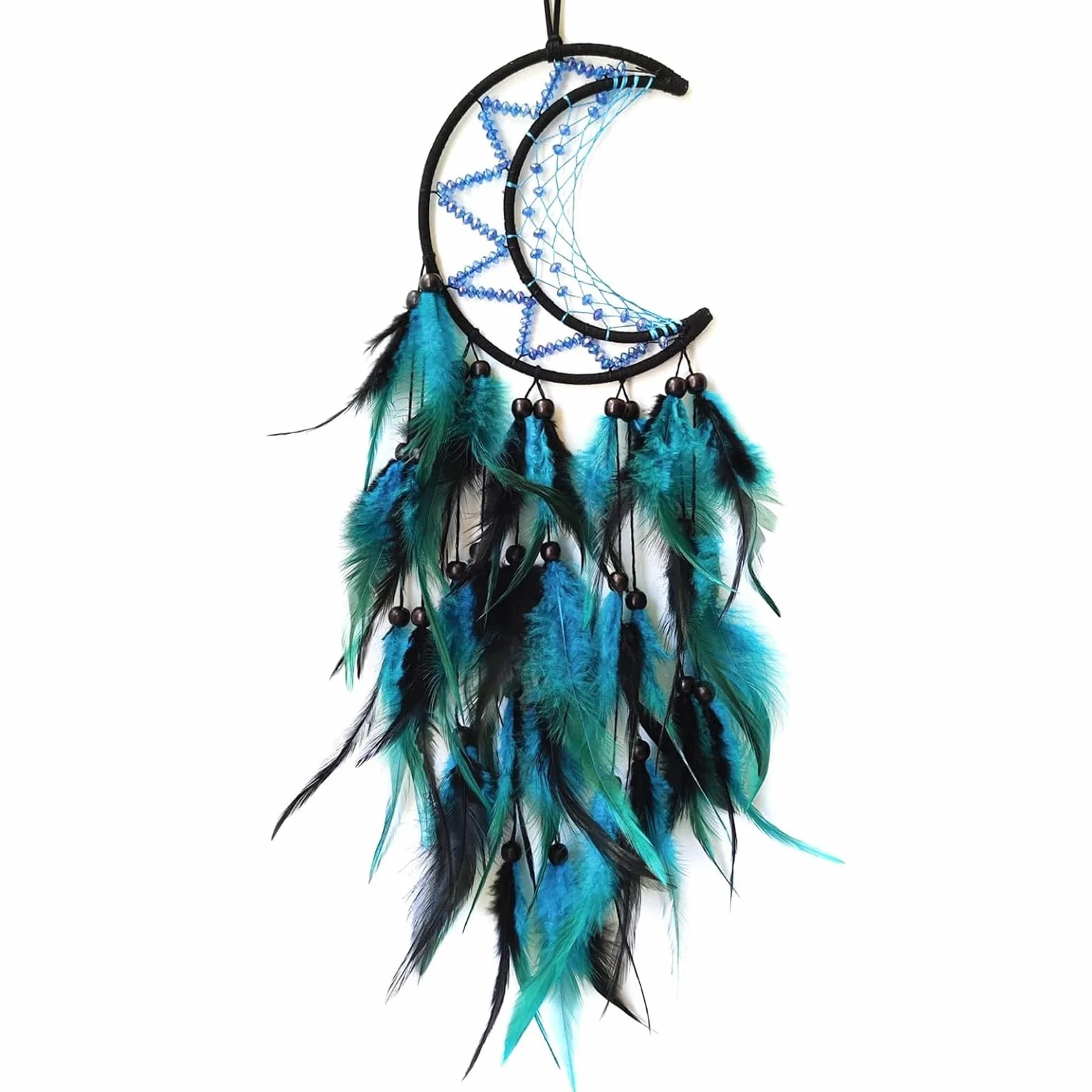 Atrapasueños de Luna para Colgar en la Pared del Dormitorio,diseño de Plumas Negras y Azules,decoración del hogar,Adornos para Colgar en la Pared del hogar,Regalo para Adultos,niños(Azul y Negro)