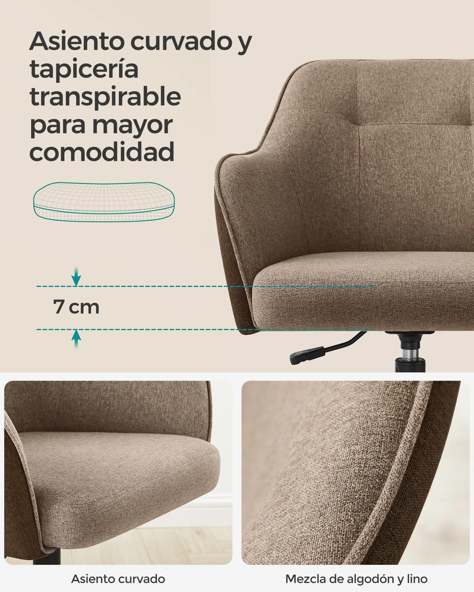 SONGMICS Silla de Estudio Giratoria Ajustable 110 kg Marco Acero Tela Algodón-Lino Transpirable Marrón