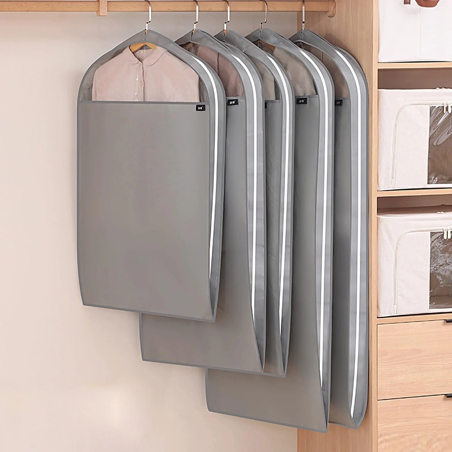 5pcs Fundas Ropa Fundas for Armarios Ventana Visible Bolsa de Traje Antipolvo for Almacenamiento de Vestidos Funda de Ropa Viajar(Gray,130cm/51in)