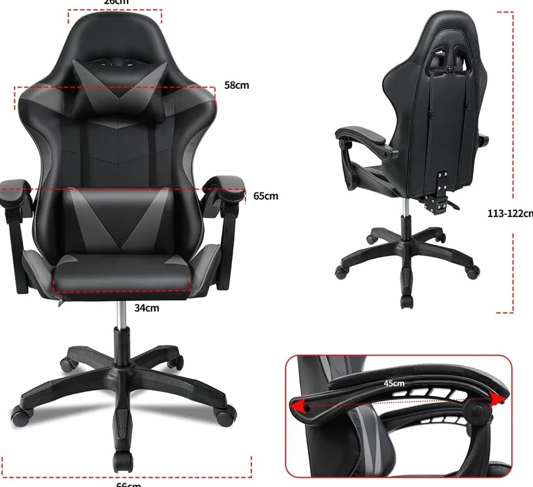 Silla Gaming Ergonómica Reclinable con Cojín Lumbar y Cervical, Altura Ajustable, Reposabrazos Acolchados, Ruedas 360°