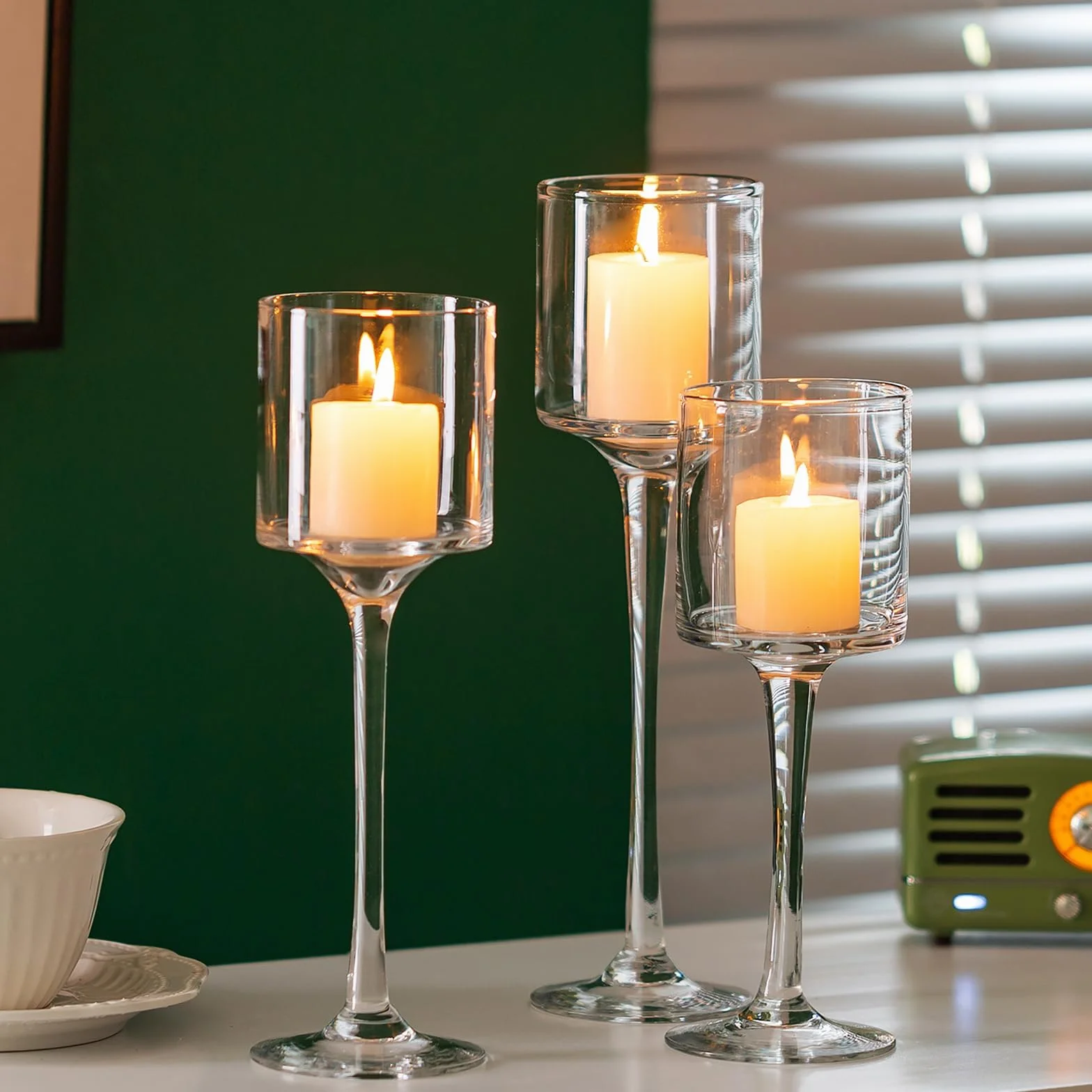 Romadedi Portavelas de Cristal para Velas, Alto Candelabro Porta Velas de te Pequeñas Elegante Mesa de Boda, Navidad Decoración Casa, 2 Juegos 20/23/26cm