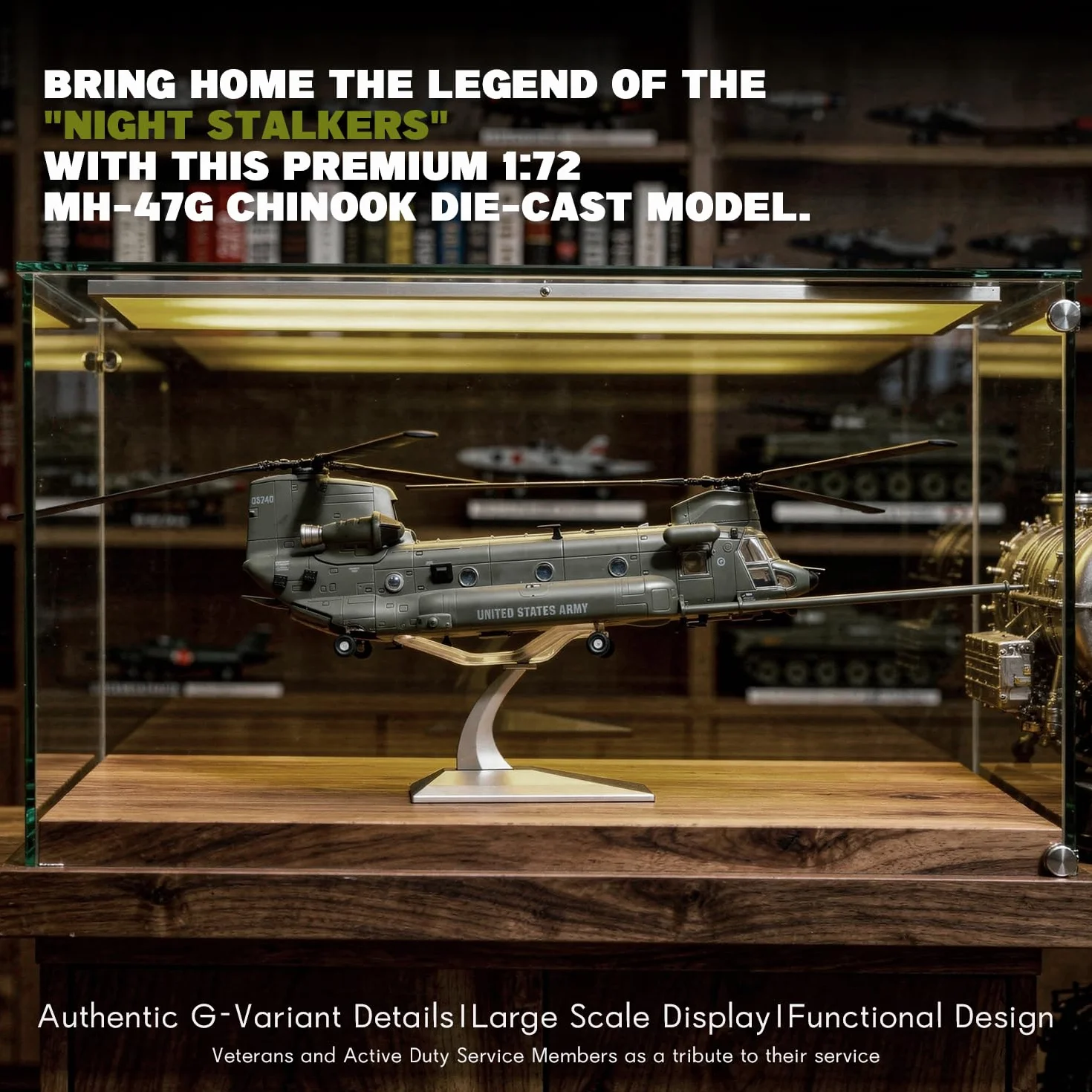 NUOTIE 1/72 MH-47G Chinook - Modelo de helicóptero de elevación pesada, avión militar de metal fundido a presión con rotores desmontables y soporte de exhibición de 15.6 pulgadas, gran escala