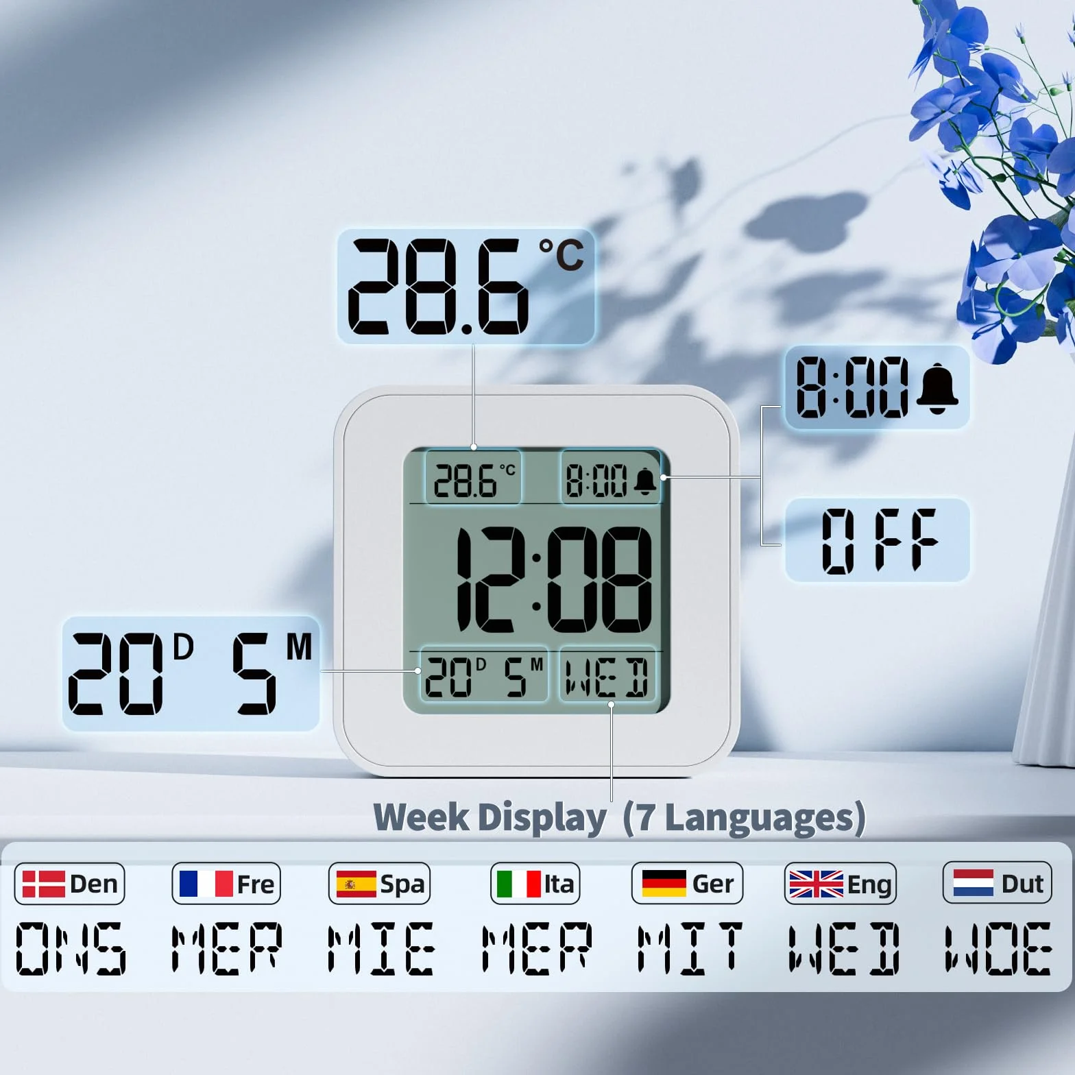 LATEC Reloj Despertador Digital con Temperatura, Retroiluminación, 12/24H, Snooze, Calendario, Pilas Incluidas, Blanco