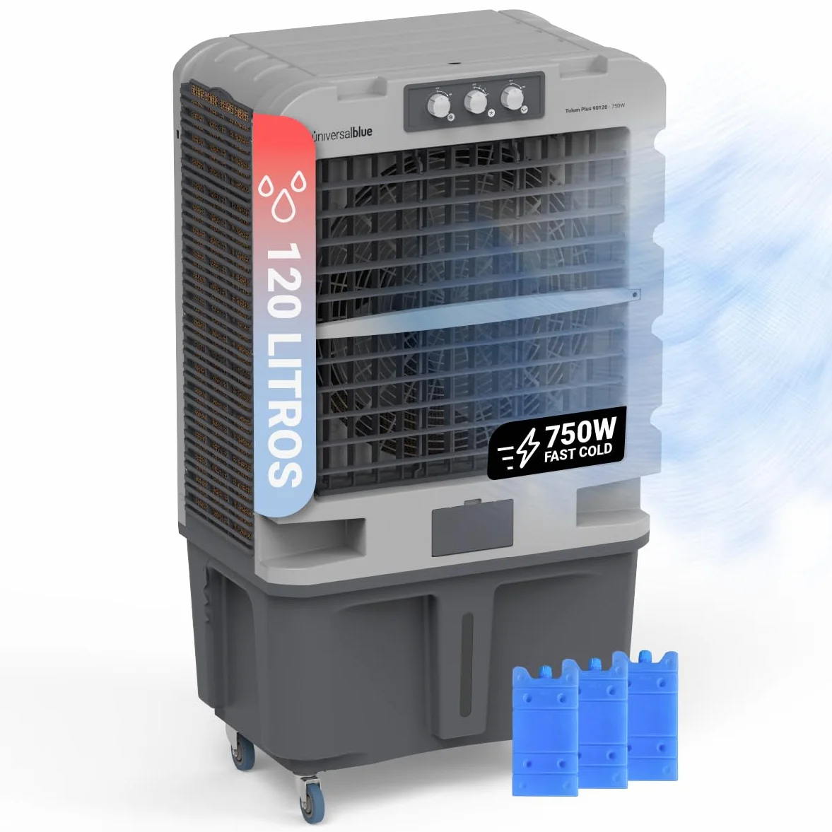 UniversalBlue, Climatizador Evaporativo 120L 750W – 13.000 m³/h, Aire Acondicionado Natural Portátil para hasta 150 m², 3 Velocidades, Oscilación, Uso Industrial y Doméstico