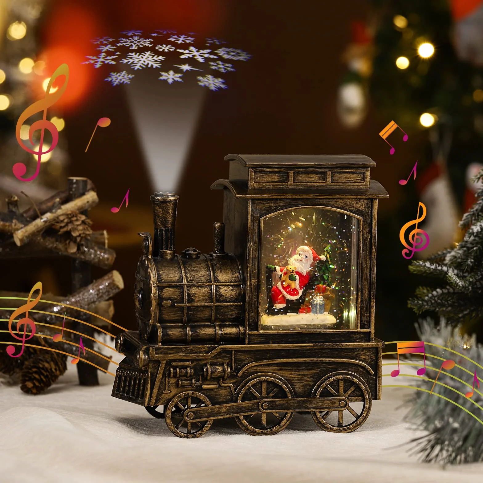 Lewondr Bola de Nieve Musical de Navidad, Caja de Música Decorativa en Forma de Tren con Papá Noel, Decoración de Mesa Funciona con Pilas/USB con Purpurina Remolinada & Proyección & Temporizador