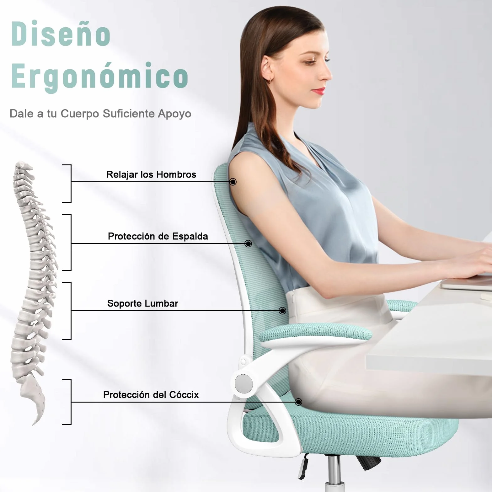 Rattantree Silla de Oficina Ergonómica con Reposabrazos Plegables, Altura Ajustable, Soporte Lumbar, Giratoria, Verde