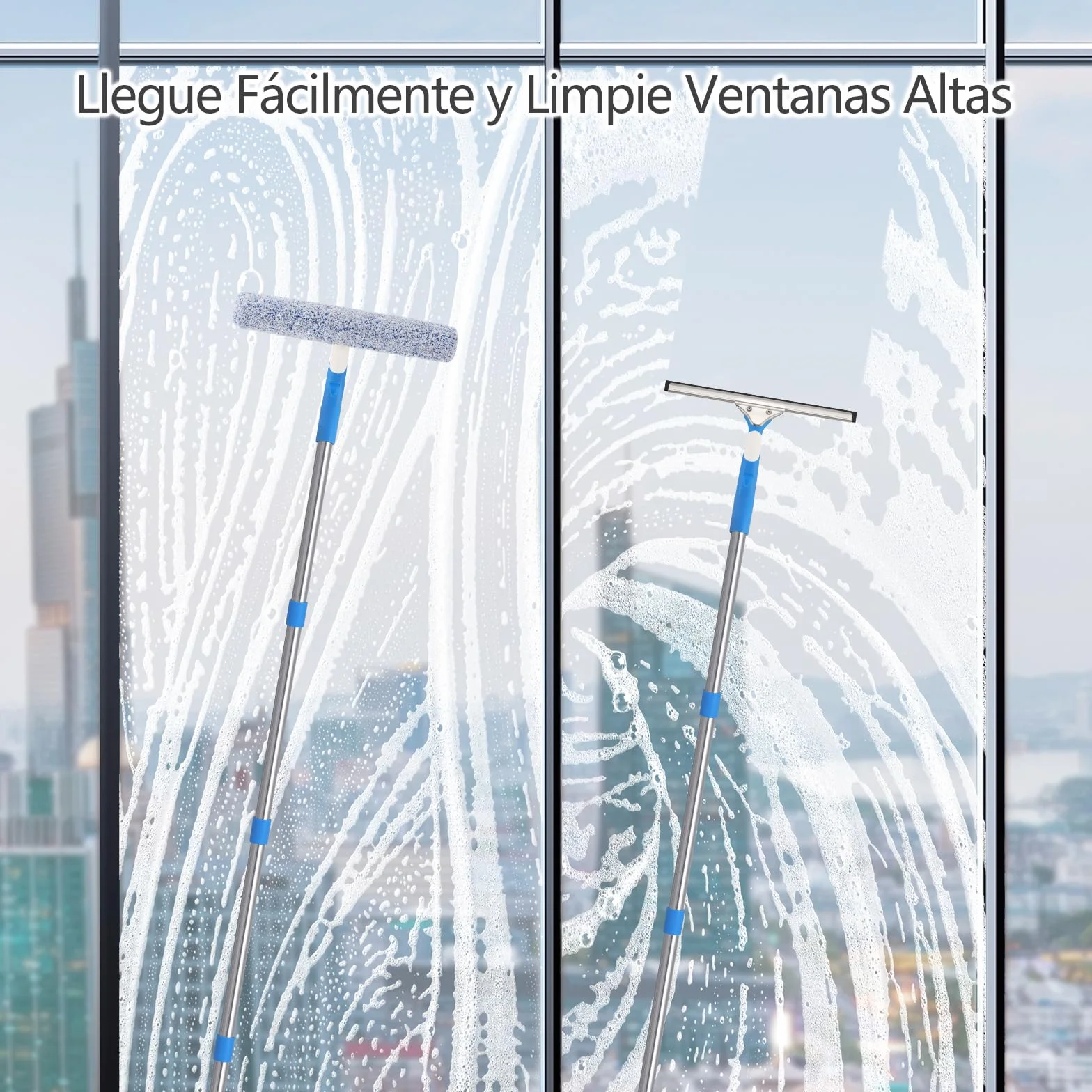Mitclear Limpiacristales con Mango Extensible(196cm), Limpiador de Ventanas con Escobilla de Silicona & Paños de Microfibra, Kit de Limpieza de Cristales para Espejos Azulejos Coche Ducha Cristal