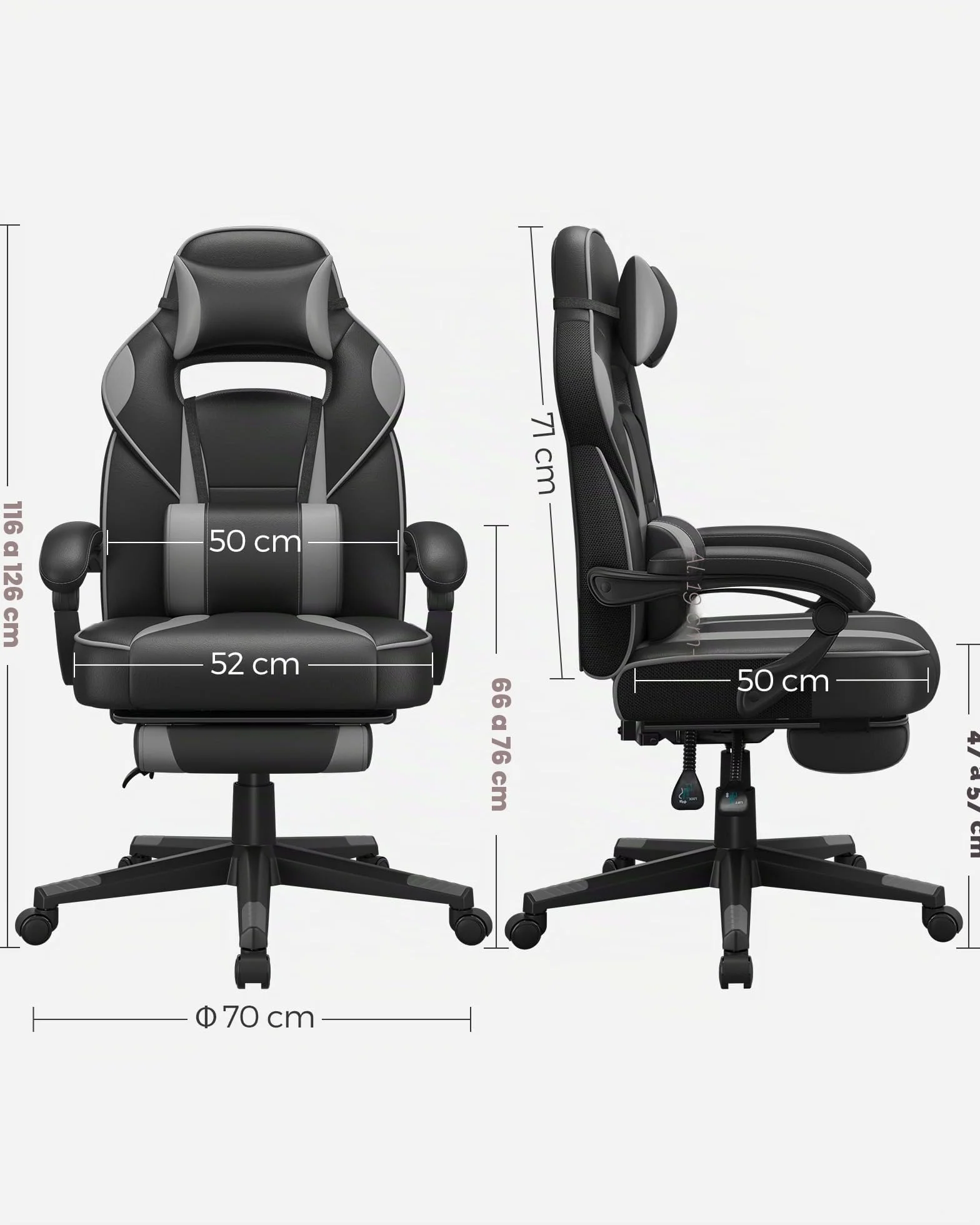 SONGMICS Silla de Oficina, Silla Gaming Ergonómica, con Reposapiés Telescópico, Respaldo Ajustable, Reposacabezas y Soporte Lumbar, Carga de 150 kg, Negro Tinta y Gris Paloma OBG073B03
