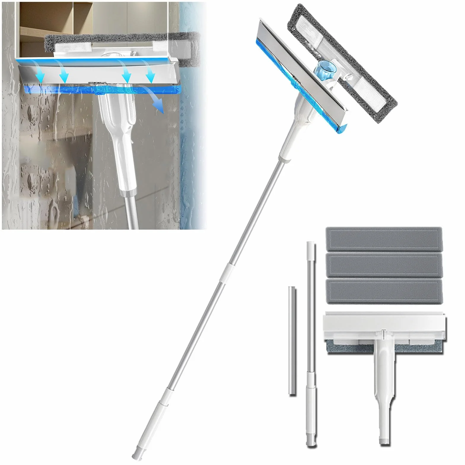 4 en 1 Spray Limpiador De Cristales con Colector De Aguas Residuales Y 3 Paños Microfibra, Limpiador De Cristales con Varilla De Extensión para Baños,Ventanas,Espejos
