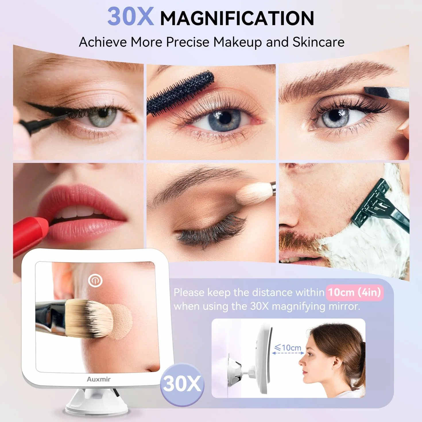 Auxmir Espejo Maquillaje con Luz 30X, 2000 mAh USB Recargable, 360° Giratorio, 3 Colores Luz, Inalámbrico