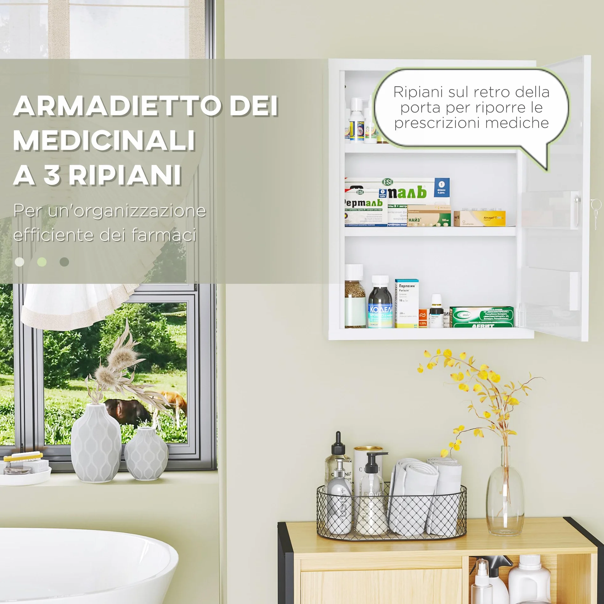 Kleankin Botiquín de Pared de Acero 3 Niveles Armario con Cerradura 40x15x53,5 cm Blanco