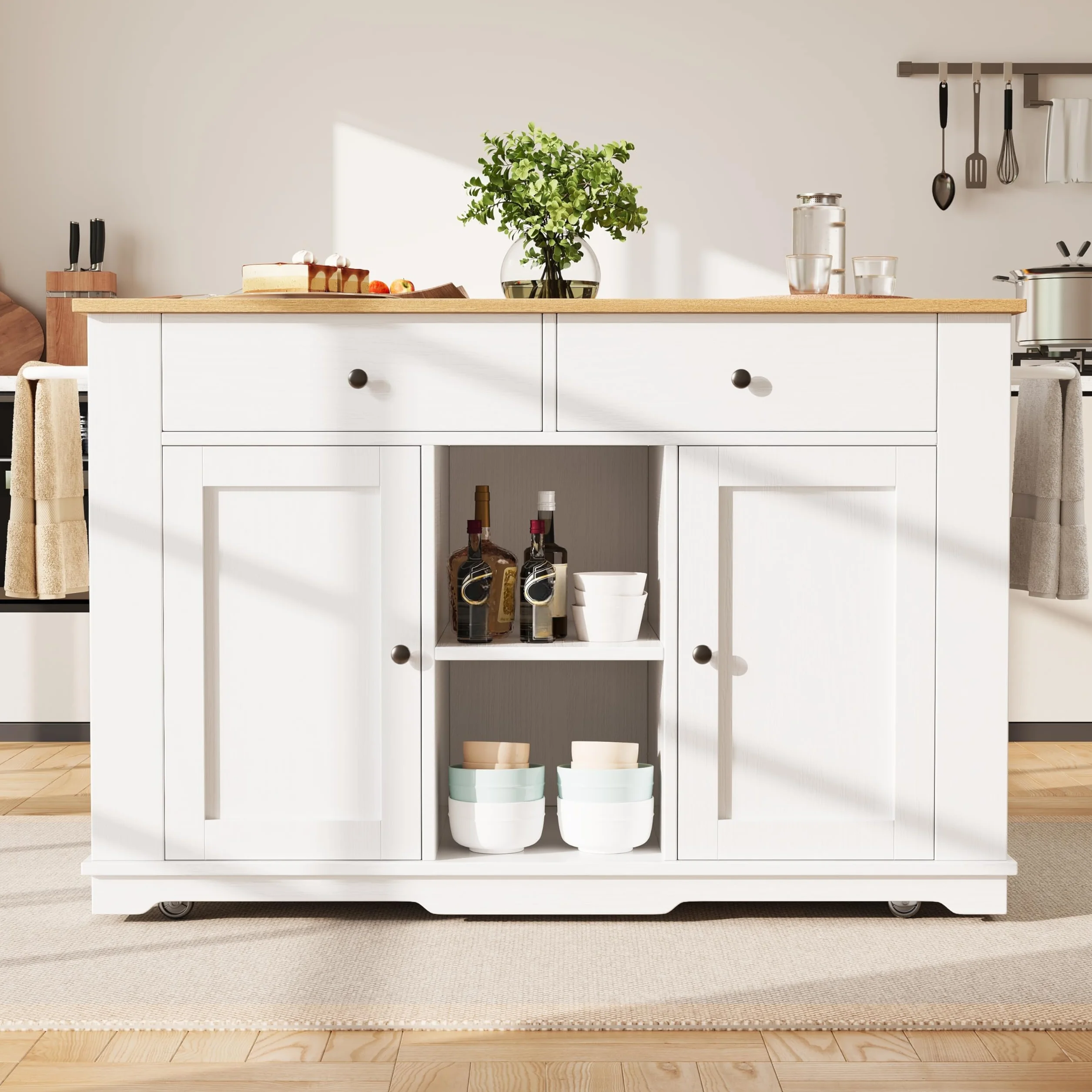Isla De Cocina, Carro de Cocina con Encimera Extensible, Mueble Auxiliar de Salon con Ruedas y Tomas de Corriente, Mueble Buffet con Cajones y Puertas, 151.5x59.7-84.7x91.7cm (Blanco)