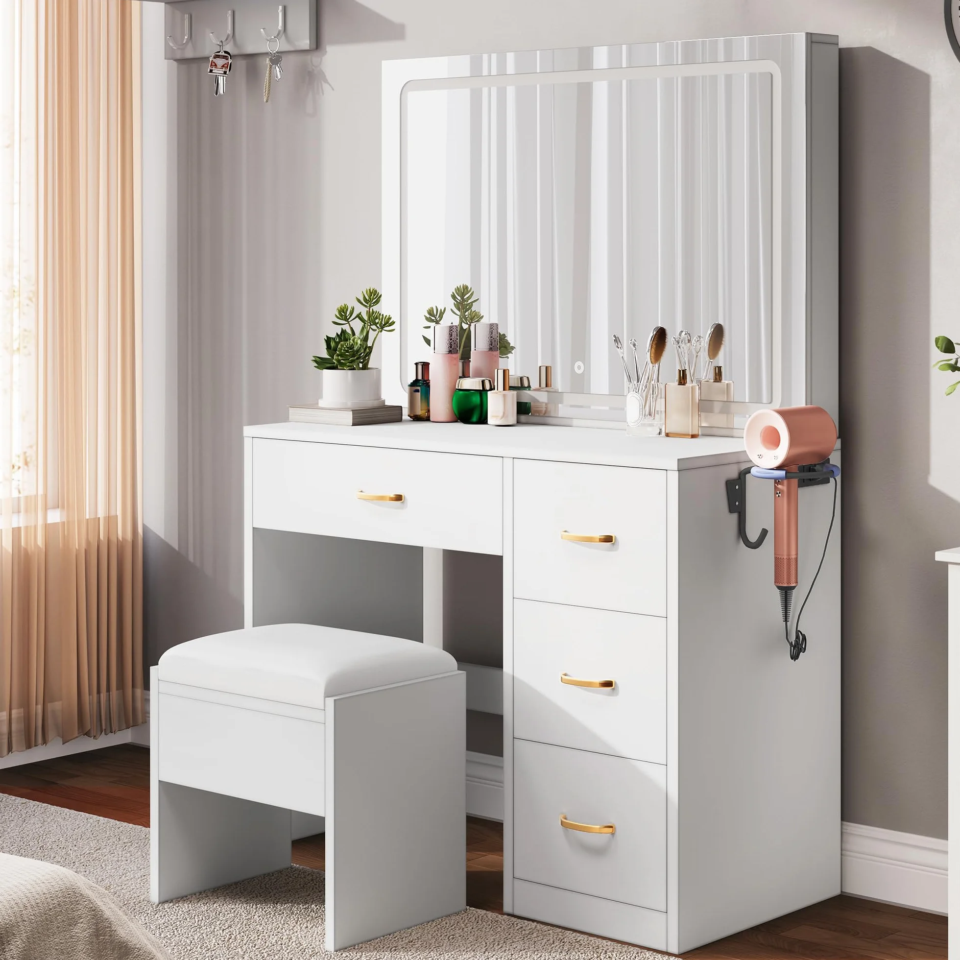 YITAHOME Tocador con iluminación LED Ajustable y tocadores, tocador con Espejo, 4 cajones y Taburete, Blanco