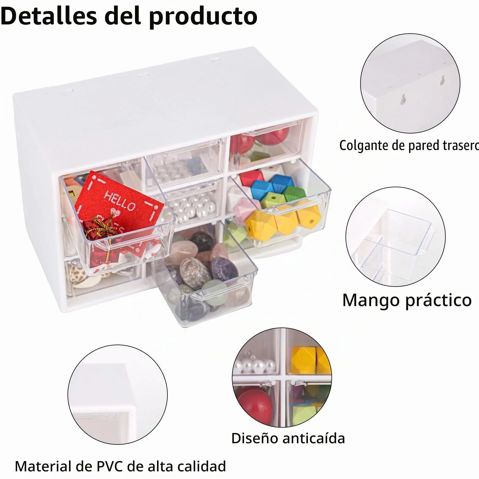 Juego de 2 cajas de almacenamiento para manualidades, cajón y organizador de escritorio con 9 cajones y mini caja extraíble transparente y blanca