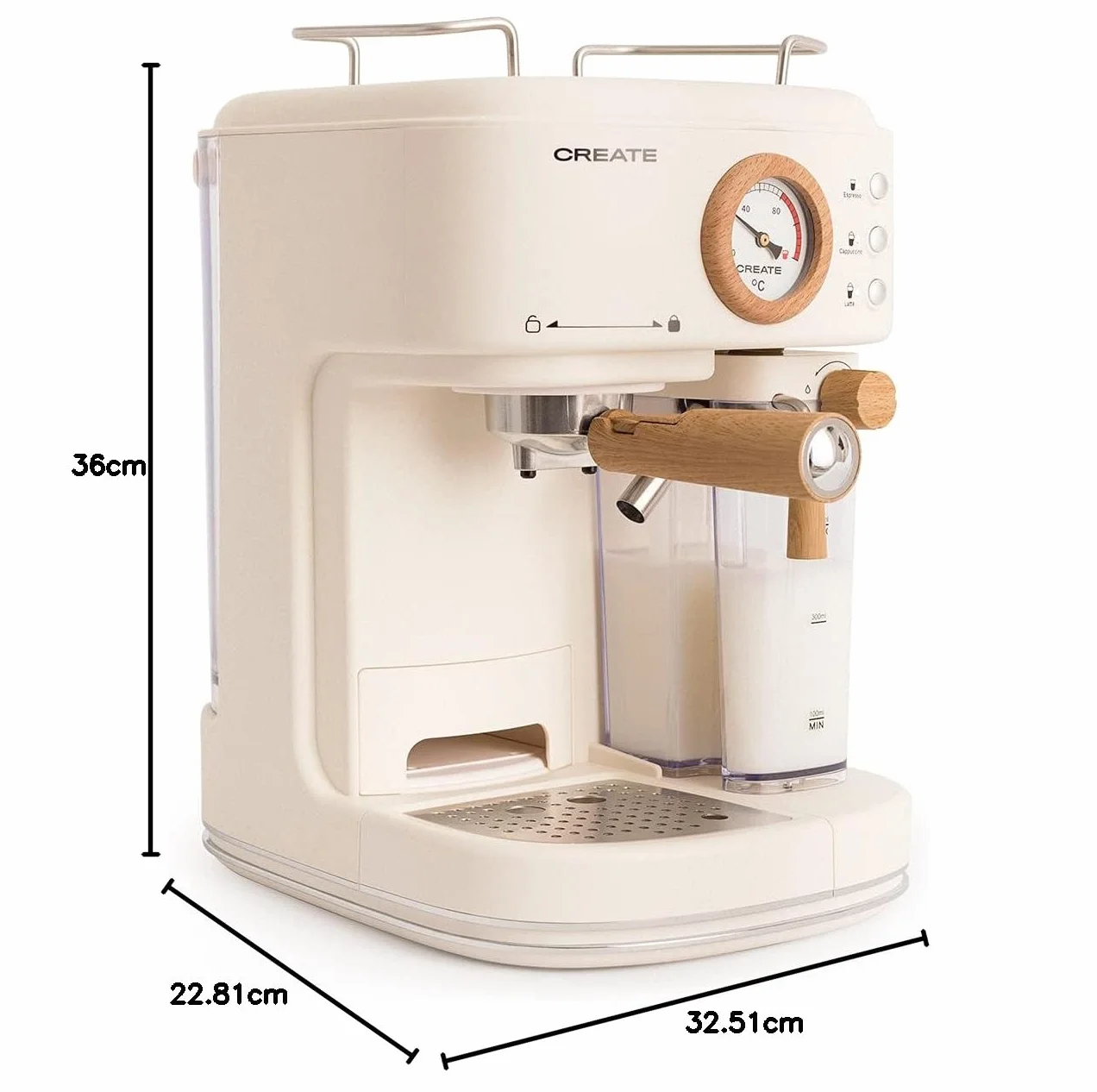 CREATE / THERA RETRO PRO/Cafetera Express semiautomática Blanco Roto / 20 bares, depósito de leche, bandeja de goteo, dos salidas,capacidad 1,5l, para café molido, 1250W