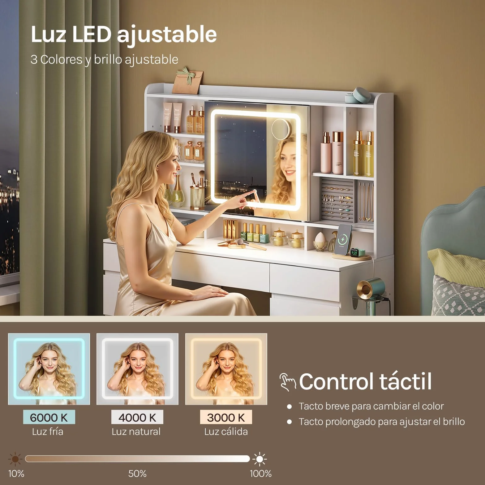 WOLTU Tocador de Maquillaje con 9 Cajones, 1 Bandeja de Joyas, Mesa Tocador Blanco con Espejo y Luz LED Ajustable, Estantes Abiertos, Estilo Moderno para Dormitorio