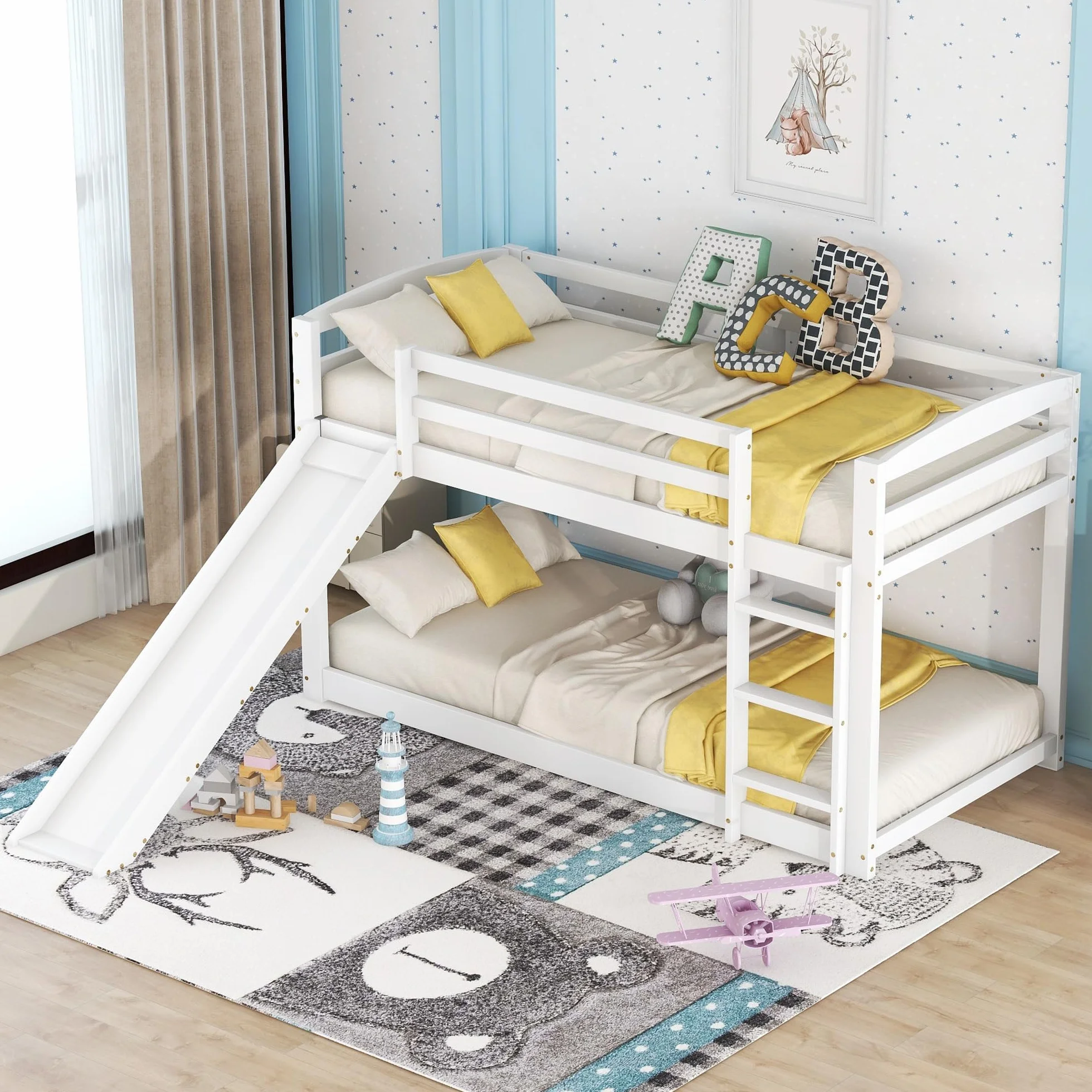 Idemon litera para niños y jóvenes, cama infantil con tobogán, estructura de madera maciza, montaje sencillo, 90x200 cm (blanco)
