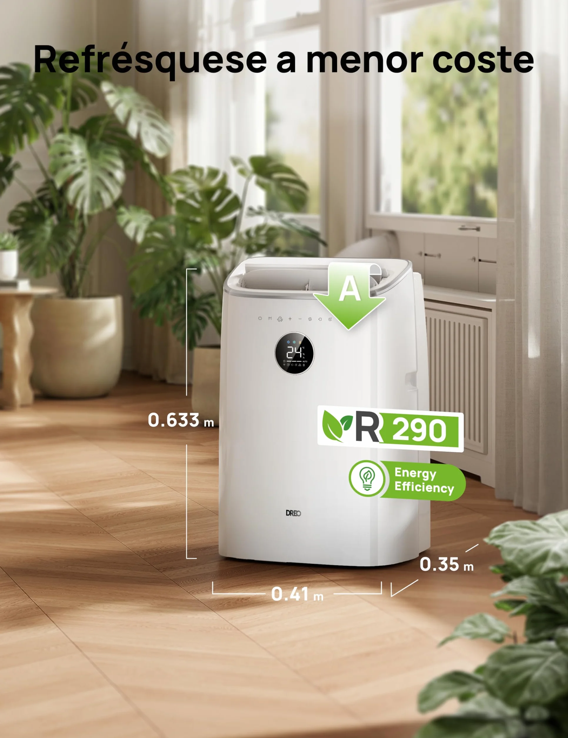 DREO aire acondicionado portátil 7500 BTU 3-en-1 refrigeración/ventilación/deshumidificación, silencioso para dormitorio u oficina, control por app y voz, sin drenaje, kit ventana, 2,5 L/h, AC318S